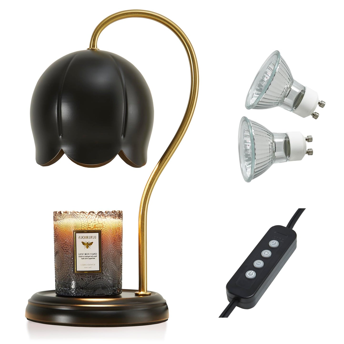 Black Gold Flower Candle Warmer Lamp with Timer Dimmable, Office Decor Elegant Bedroom Scented Wax Light, Christmas Birthday Gifts for Women Man, Large Table Candles Burner