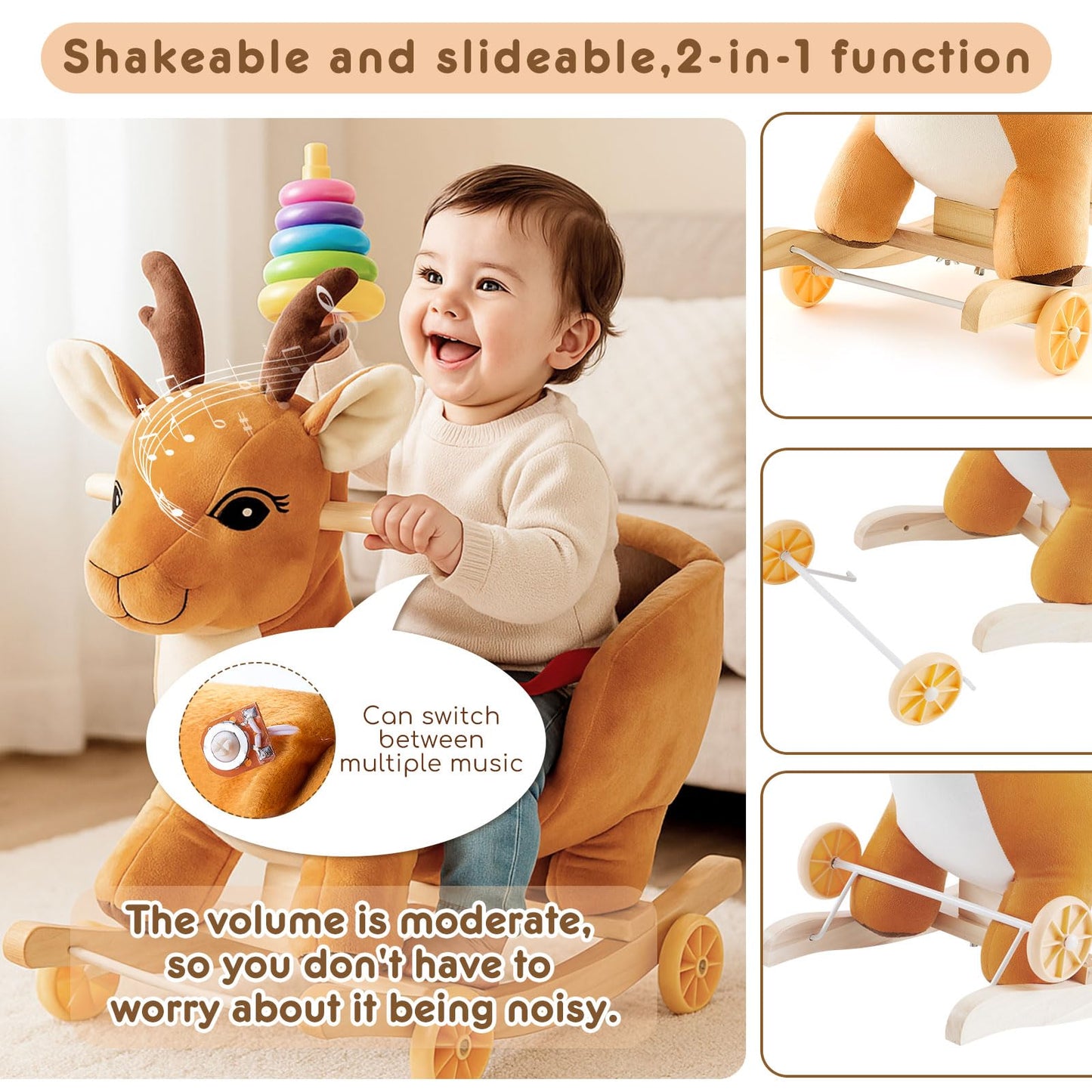 Toddler Rocking Horse Ride-on Toy 2-in-1 Convertible Rocker Pull Cart with Detachable Wheels, Music Player Safety Belt, Early Learning Baby Ride on Birthday Gift for 1-3 Year Old Boys Girls