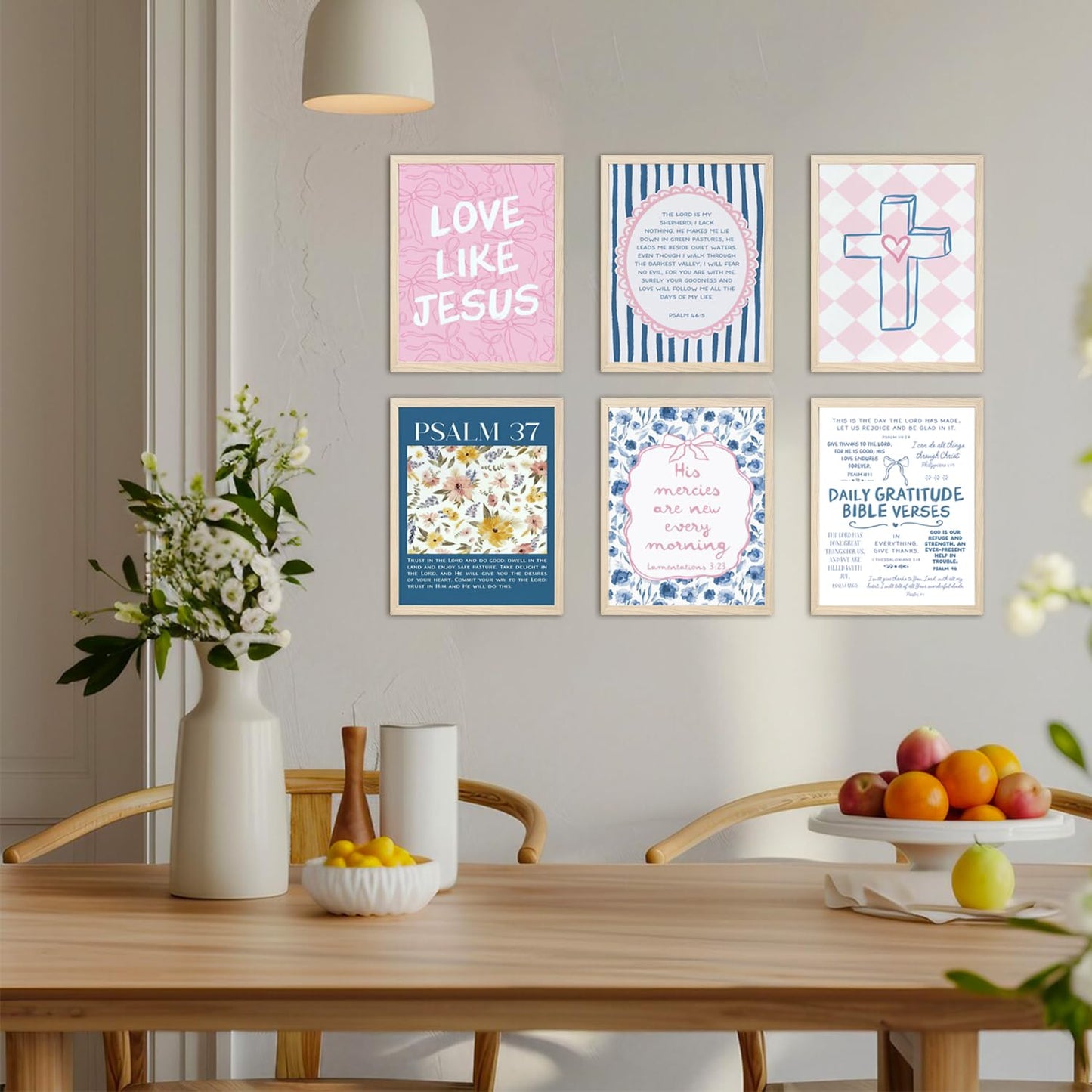 Pink Blue Christian Wall Art Set of 6, Preppy Bow Bible Verse Canvas Posters, Floral Scripture Wall Decor Pictures Jesus Religious Painting Trendy Prints for Girls Bedroom Dorm 8x10in Unframed