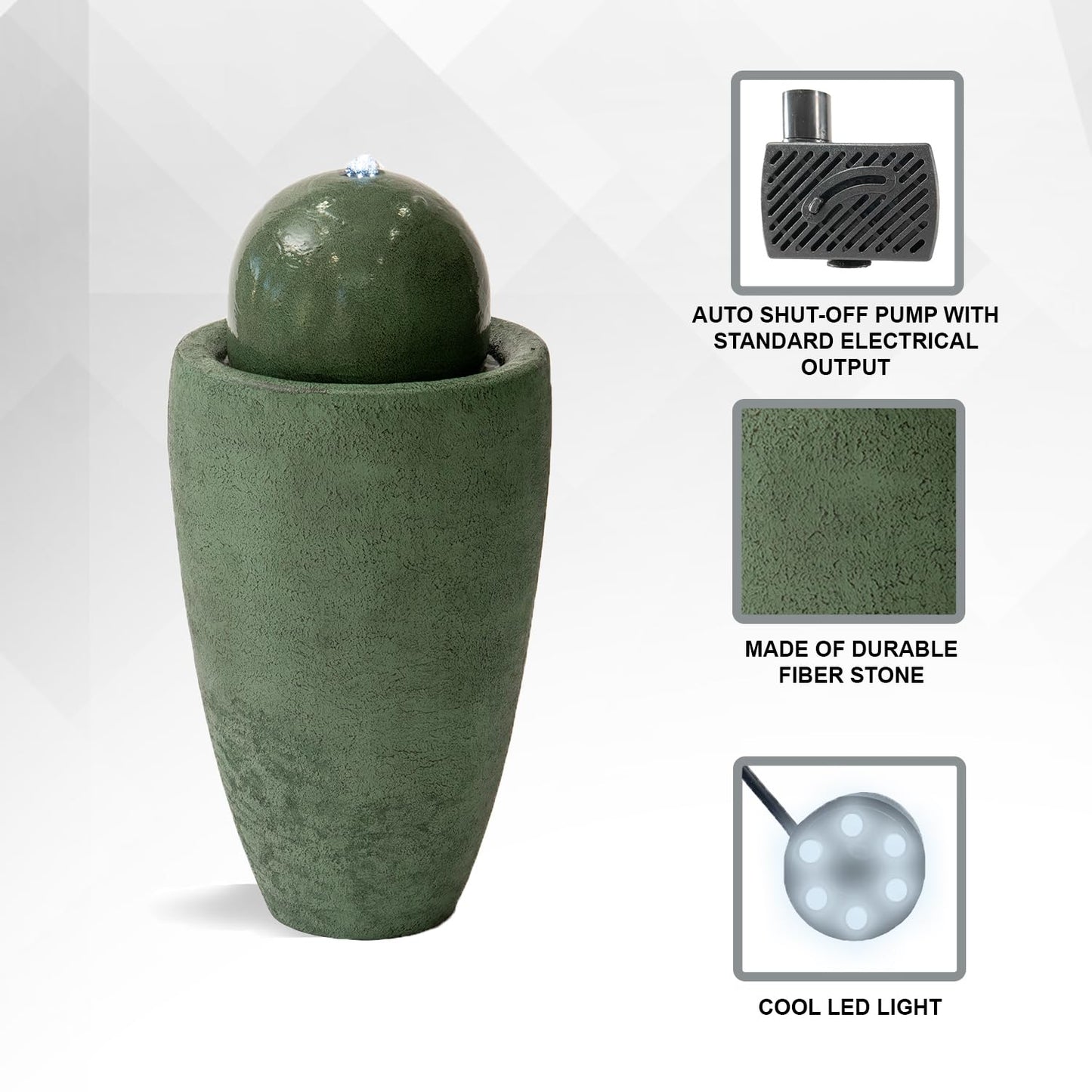 XBrand 26" Modern Sphere Water Fountain with LED Light – Indoor Outdoor Stone Texture Floor Fountain, Zen Bubbling Ball Water Feature for Garden Patio Porch - Green