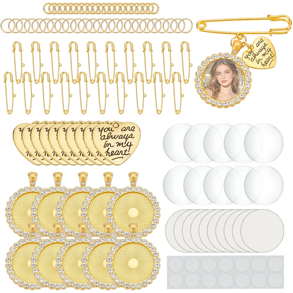 OLYCRAFT 10 Sets Gold Wedding Bouquet Photo Charm Pin Sublimation Blanks with Heart Pendant Round Pin Brooch Making Kit Bouquet Picture Charm DIY Pins Brooch Making Kit for Wedding Party Bridal