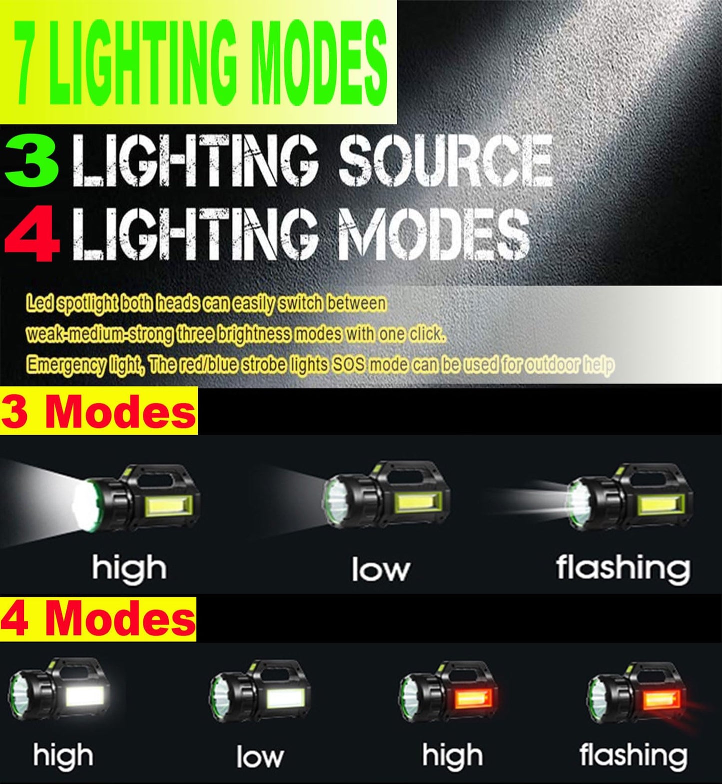 HAASHADA LED Searchlight LED Lantern, Solar Rechargeable Super Bright 10000LM Handheld LEDs Spotlight, Multifunctional Camping Lamp Work Lights, 7 Light Modes, IPX4 Waterproof, for Emergency