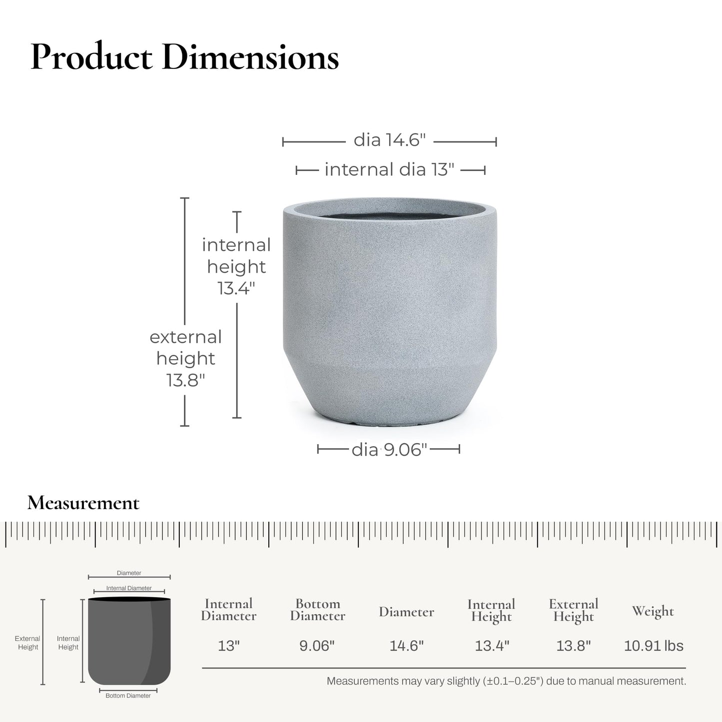 LuxenHome 14.5-Inch Dia Round Concrete Planters, Large Indoor Outdoor Decorative Plant Pots with Drainage Holes and Rubber Plug, Modern Matte Gray Minimalist Flower Pot Planters for Home Garden Patio