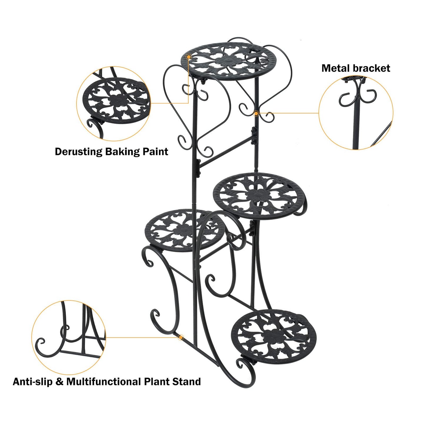 WUSILILU Plant Stand Indoor Tall, 4 Tier Metal Flower Pot Display Shelf Black Multilayer Flower Holder Rack Corner Organizer for Patio Orchid Office Porch Living Room Garden Balcony