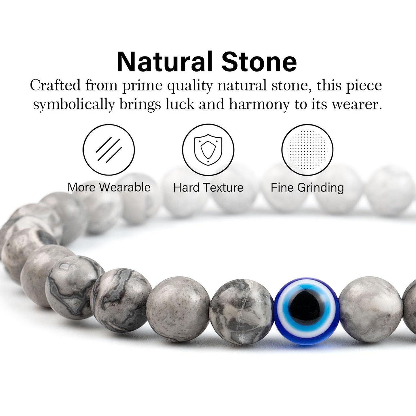Lameybrt Evil Eye Bracelet 6mm Natural Stretch Adjustable Beaded Bracelets for Men (A06 Cartographic stone, M (6.6"-7.5"))