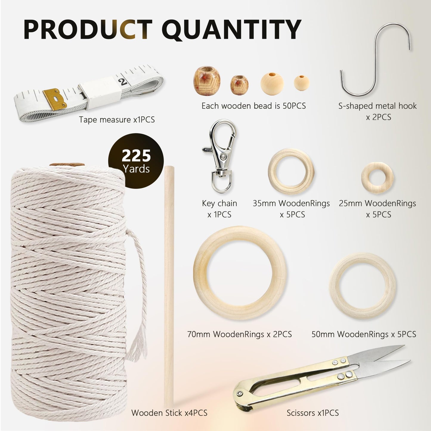 227pcs Macrame Kits 3mm 115yards Wall Hanging Natural Cotton Macrame Cord with Wooden Beads & Rings Wooden Sticks, Metal S-hooks Supplies for Hanging Plant Hand Tassel weaving