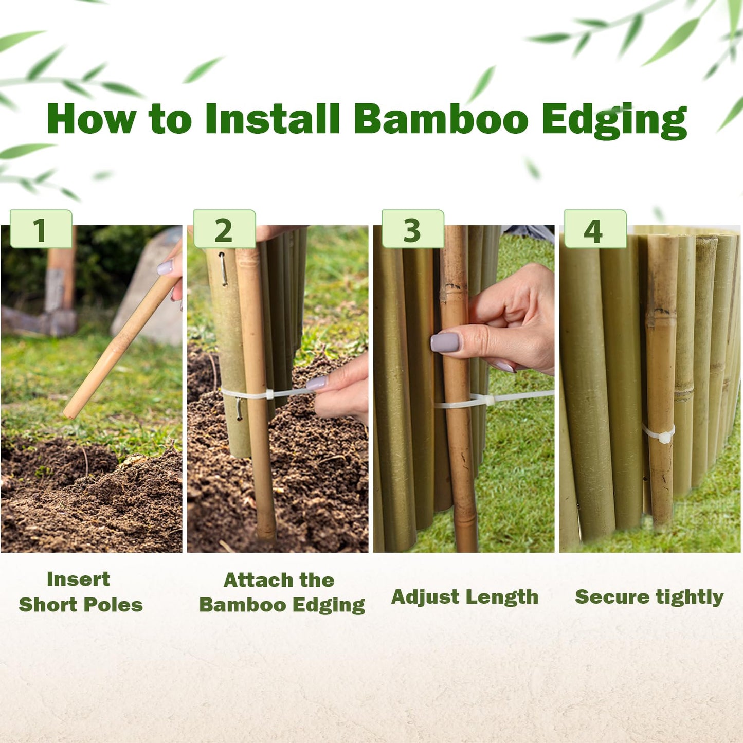 Jollybower 8x39IN Natural Bamboo Edging, Bamboo Garden Border Edging, Outdoor Landscape Edging for Decorative Garden, Patio Flower Garden Bed, Lawn, Yard, Pool Fences（1Pc with 3 Short Poles）