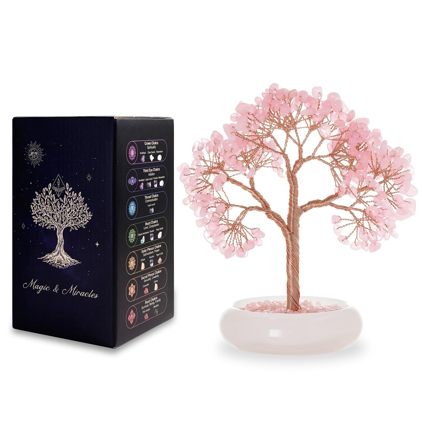 MAGIC AND MIRACLES Rose Quartz Crystal Trees of Life for Home Office Desk Deco, Bonsai Tree, Chakra Healing Crystals Stones for Money Good Luck Pink Stone Crystals Birthday Gifts for Women