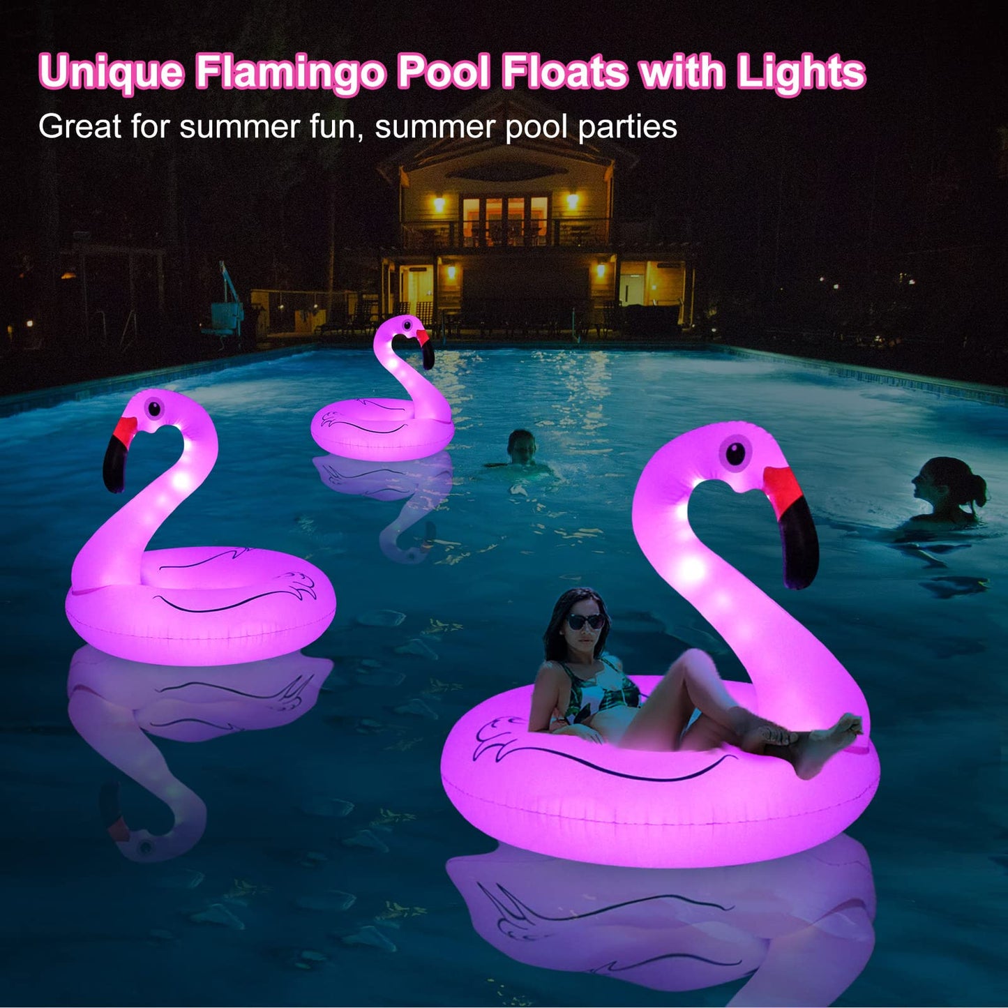 FlyfreeU Flamingo Inflatable Pool Floats with Lights, Solar Flamingo Pool Floats for Adults, 42 Inch Pool Float Lake Beach Floaty, Swimming Pool Float Raft Lounge for Adults Party Water Fun