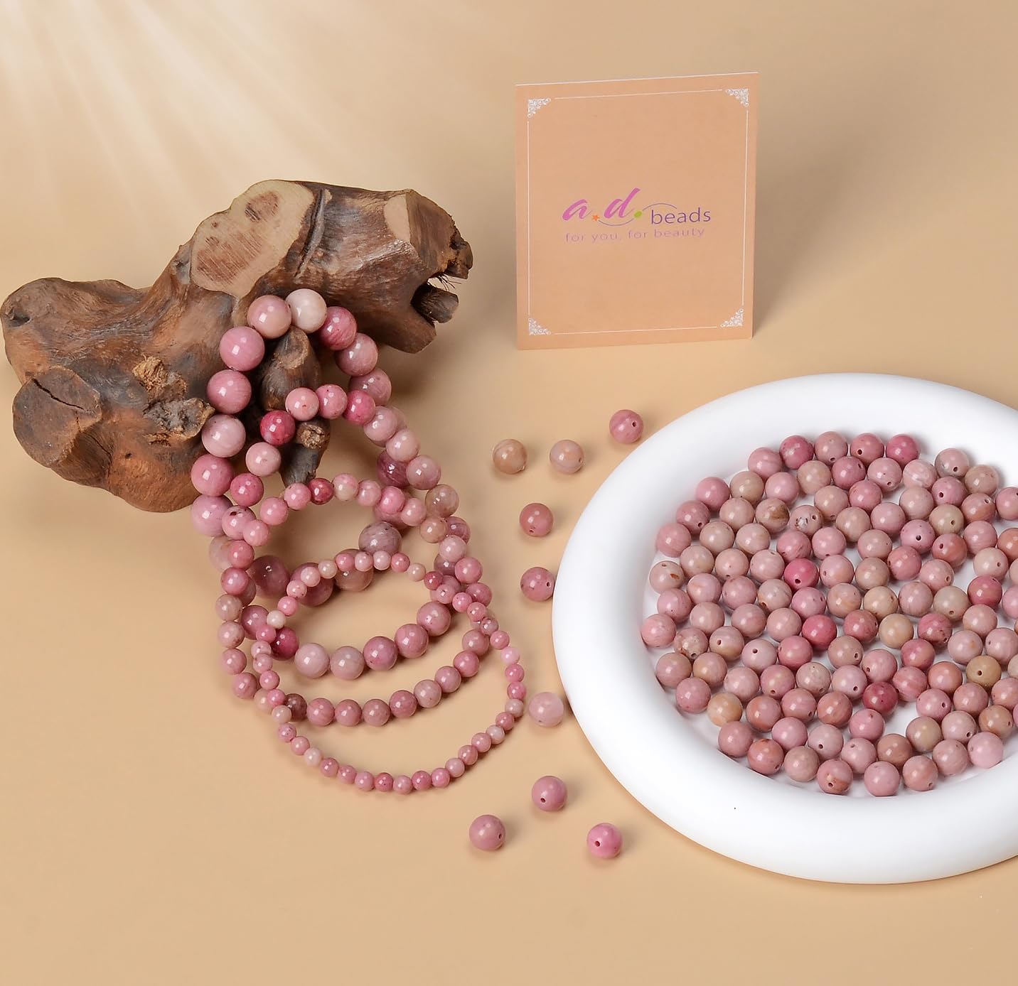 AD Beads Handmade Gemstone Stretch Elastic Bracelet Crystal Healing Reiki Nature's Beauty and Spiritual Essence Unisex (4mm, Rhodochrosite)