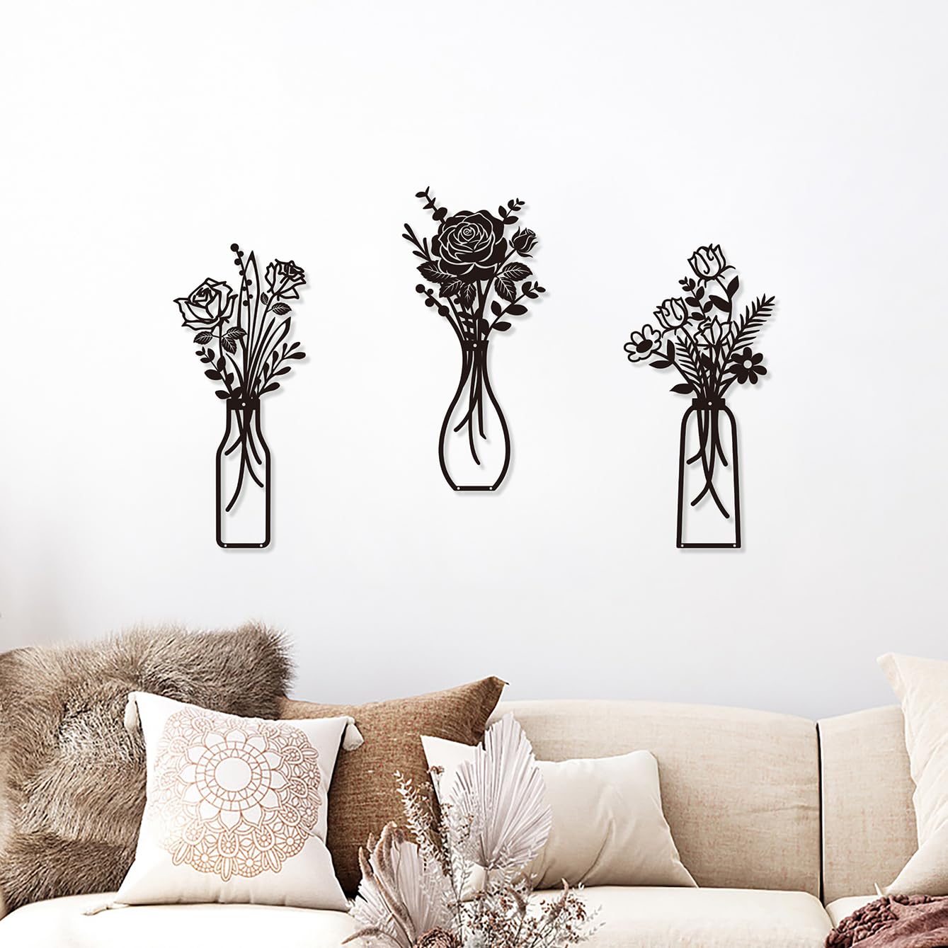 Wcro Metal Flowers Wall Decor,3 Pieces Rose Design Metal Wall Art,Rustic Farmhouse Decor for Garde Living Room Dining Room Bathroom Kitchen,Home Decor Gift (black-rose).
