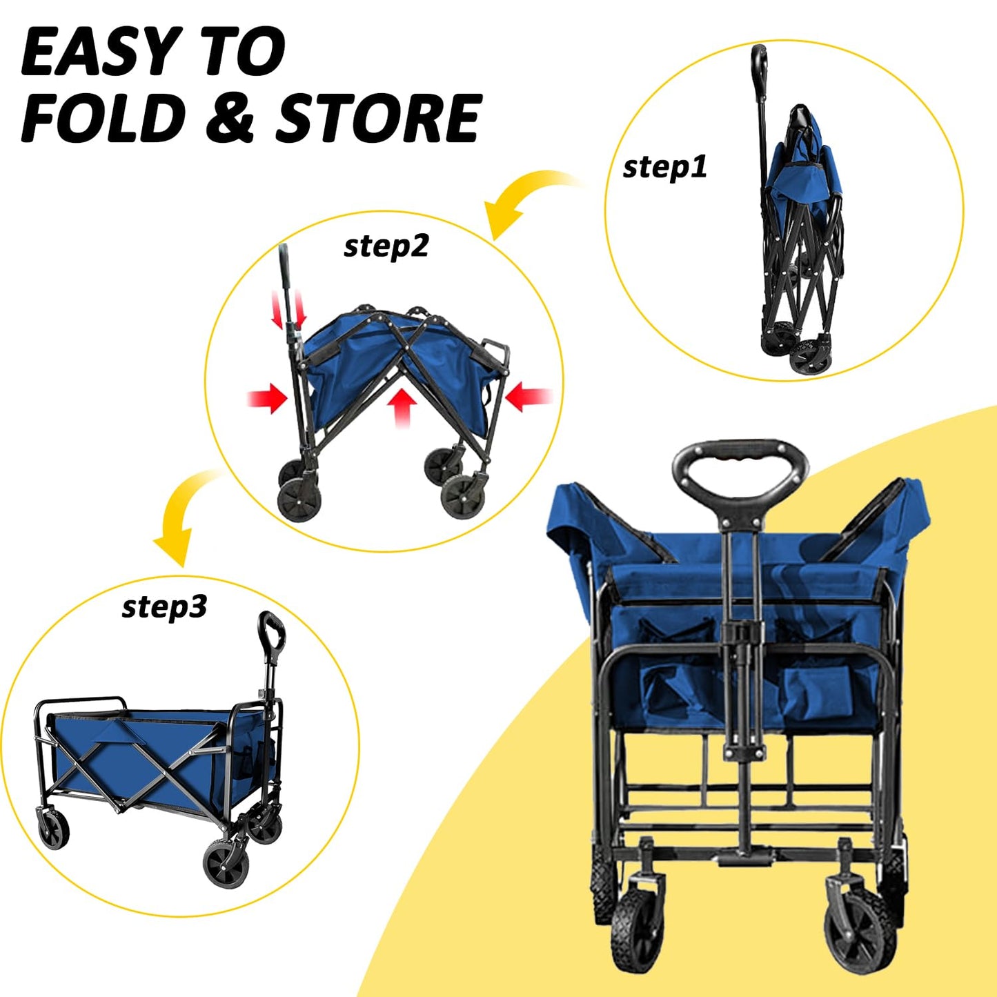 SAILARY Collapsible Utility Cart Folding Wagon, 320lbs Capacity Lightweight Rolling Cart with Quiet Wheels, Quick-Fold Design for Camping, Shopping, Ourdoor Use, Blue 2PCS