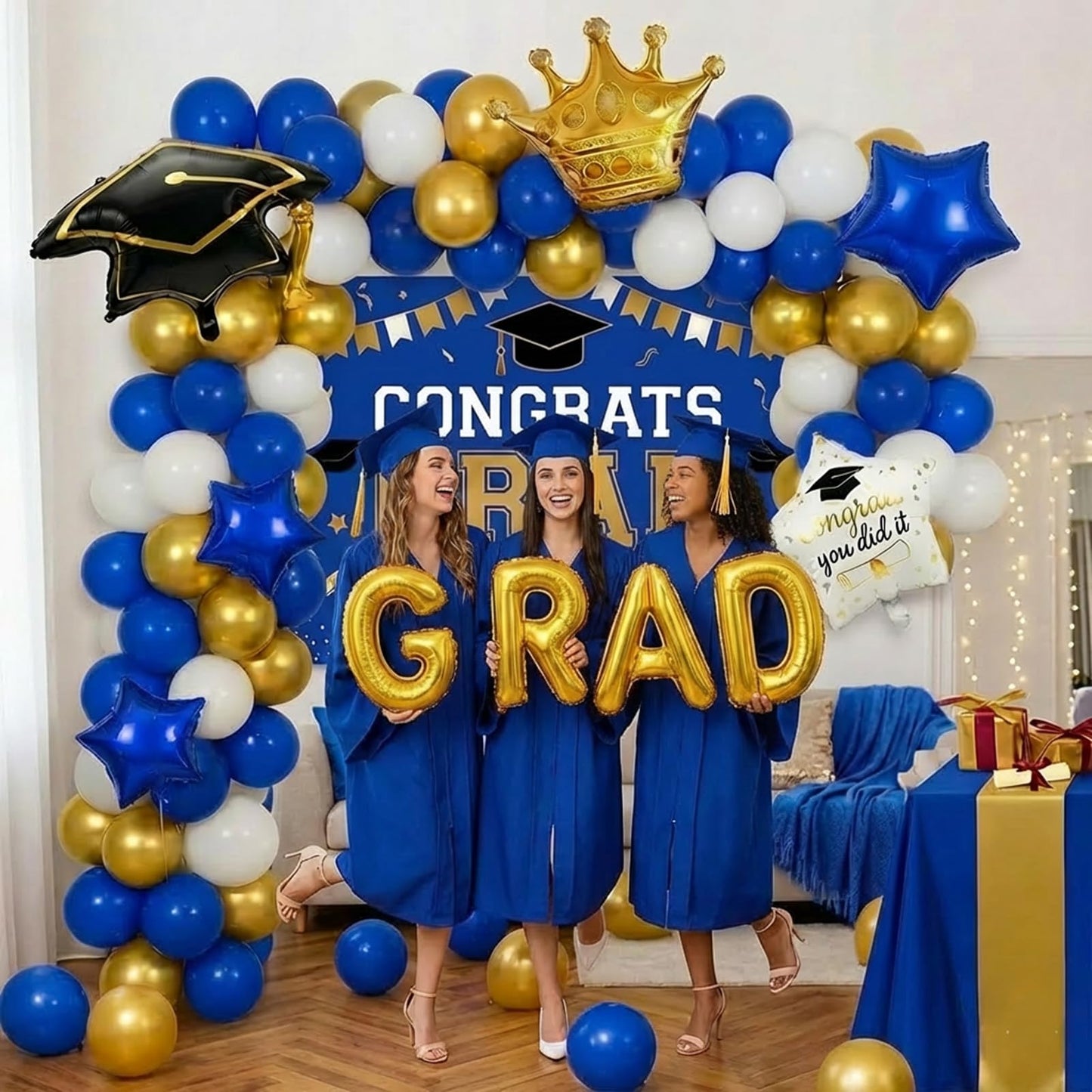 Royal blue White Gold Balloon Garland Arch Kit with backdrop Stars Graduation Cap crown GRAD Letters Mylar Balloons for 2026 graduate Prom Decorations