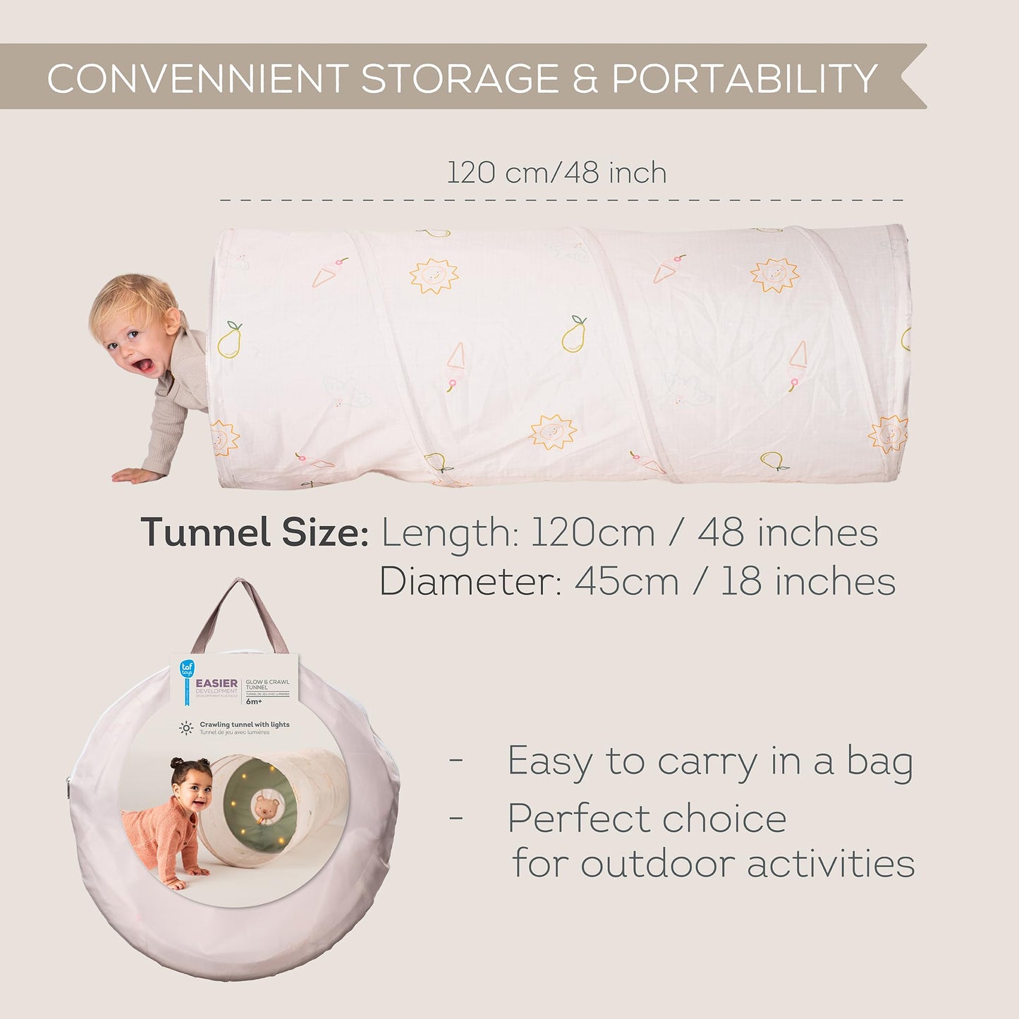 Taf Toys Play Light Tunnel Tent for Toddlers 1-3 - Baby Tunnel with Plush Bear - Engage Senses & Encourage Crawling - Twinkling Lights & Dual Light Modes - Kids Toddler Tunnels Crawl Indoor & Outdoor