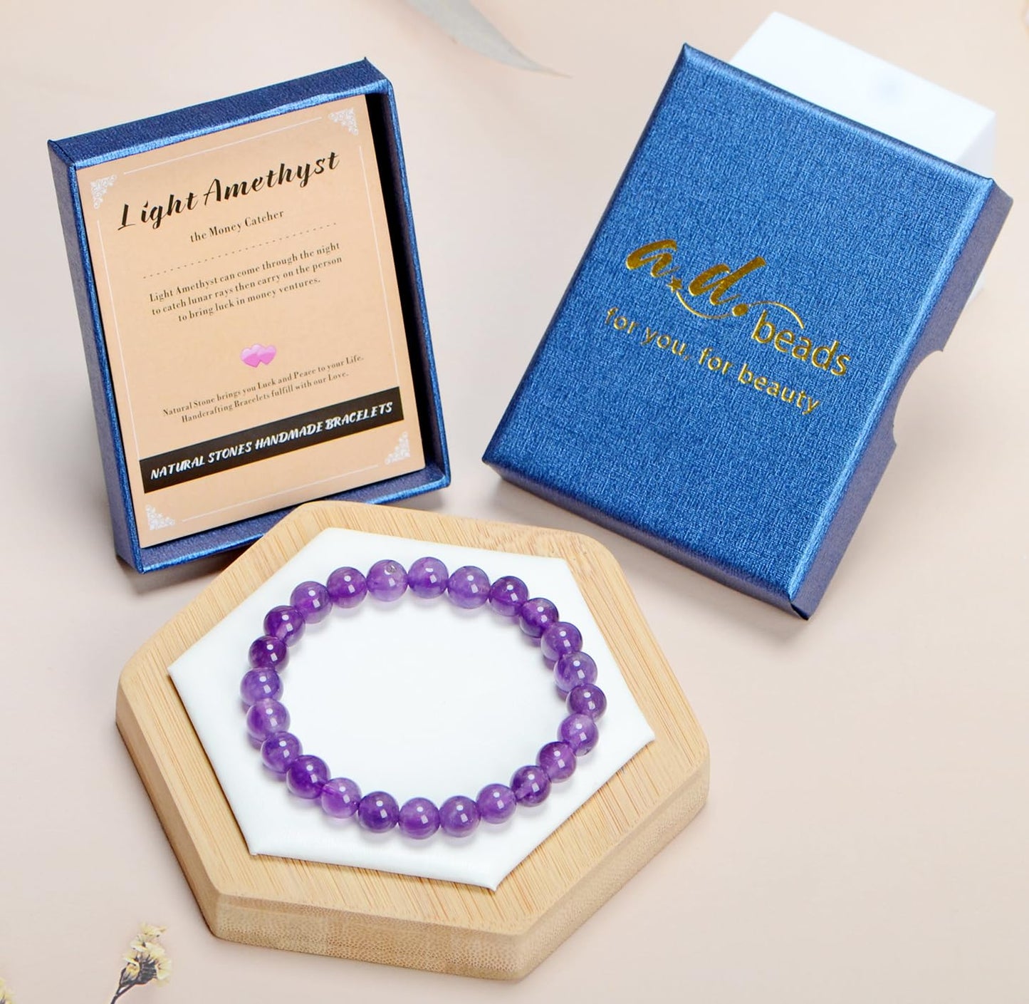 AD Beads Handmade Gemstone Stretch Elastic Bracelet Crystal Healing Reiki Nature's Beauty and Spiritual Essence Unisex (10mm, Purple Amethyst)