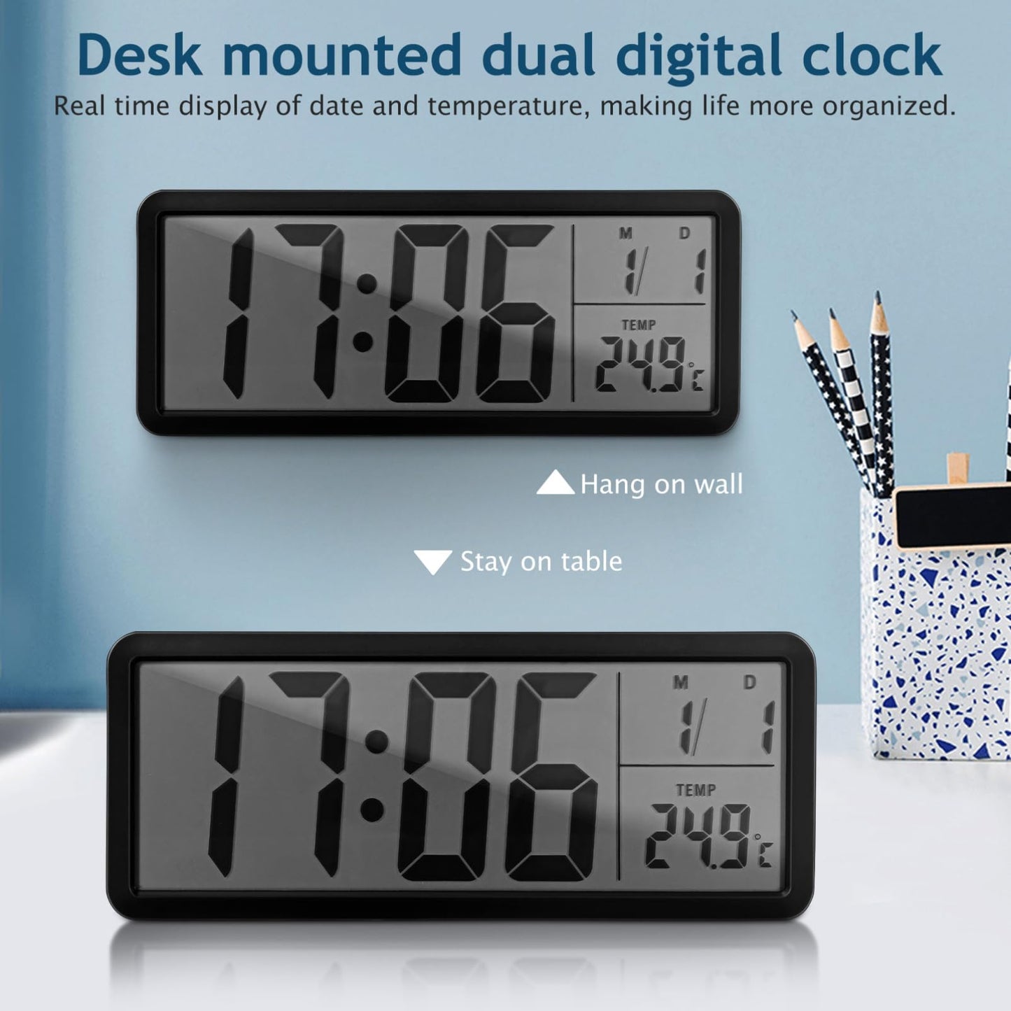 Cabilock Digital Wall Clock Battery Operated: Wall-Mounted LCD Display Clocks with Date Temperature, 12/24hr Silent Bedside Clock for Office Home Living Room Bedroom Kitchen