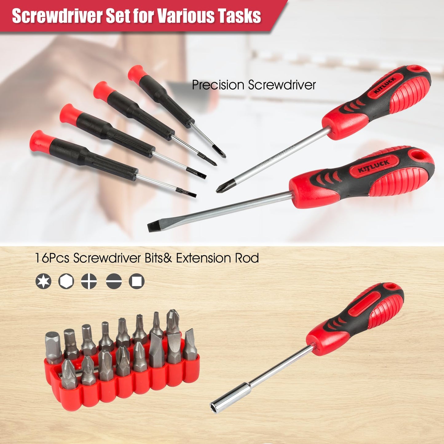 KITLUCK 138-piece Home Tool Kit, Household Hand Repair Tool Set for men, Portable Basic Tool box Set with Tools (Screwdriver, Plier, Wrench, Socket, Harmer, Rule, etc.) for Home and Car