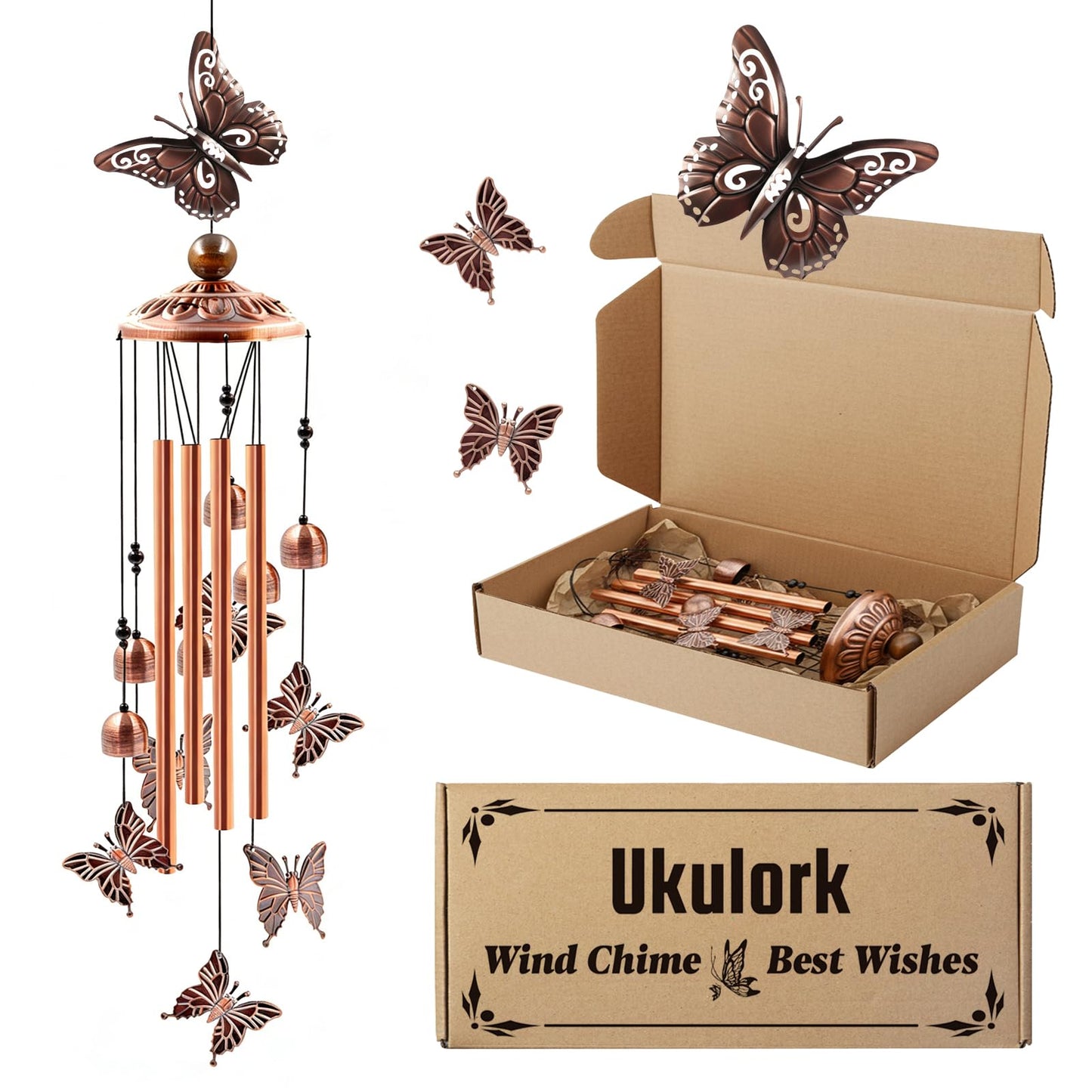 Wind Chimes for Outside, Butterflies Aluminum Tube Wind Chimes with S Hook, Patio Porch Garden Decor, Housewarming Gift for Mother’s Day Women Mom Grandma Sister