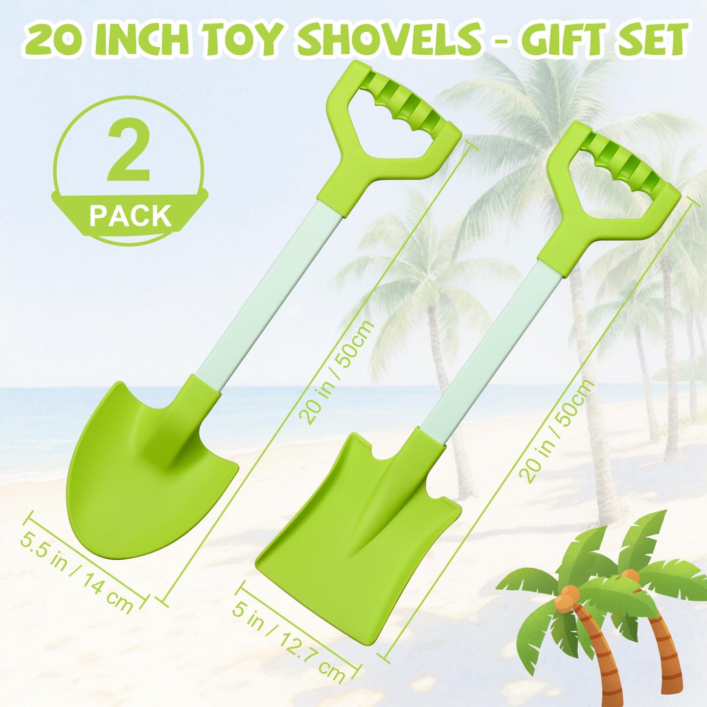 QINGLER 20” Long Sand Beach Shovels for Kids Heavy Duty Plastic Summer Sand Scoops Spades Toy Sandbox Garden Snow Digging Play Gift Set Party Bundle 2 Pack Green