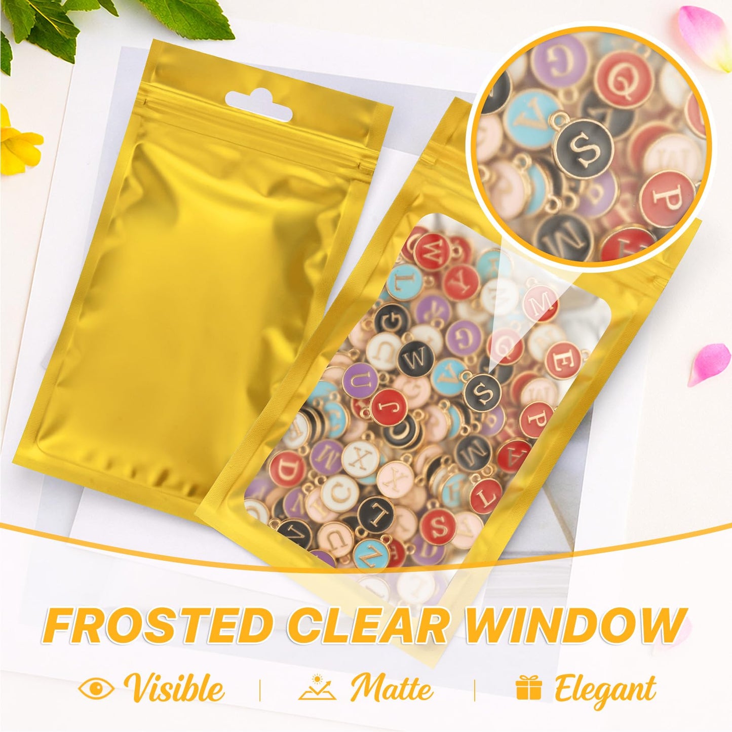 100 PCS Resealable Mylar Bags with Frosted Clear Window Smell Proof Packaging Bags Foil Pouch Zip Bag for Food Self Sealing Storage Supplies Treat Bag (Golden, 4.72x7.1)