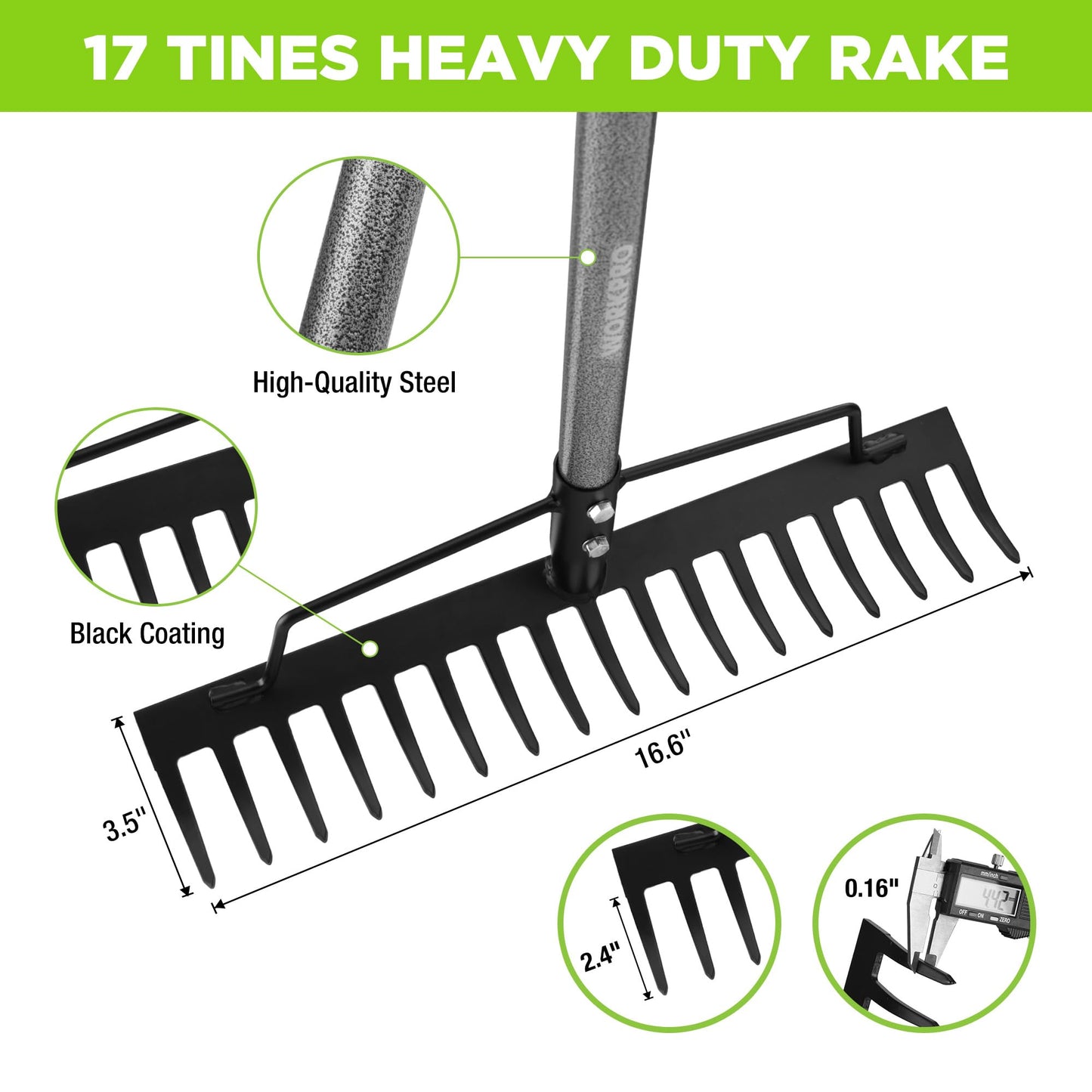 WORKPRO 65 Inch Bow Rake, 17 Tines Metal Head Rakes with High Strength Handle, Heavy Duty Garden Rake with Adjustable Handle for for Loosening Soil, Gathering Leaf, Leveling Lawn, Farming Land
