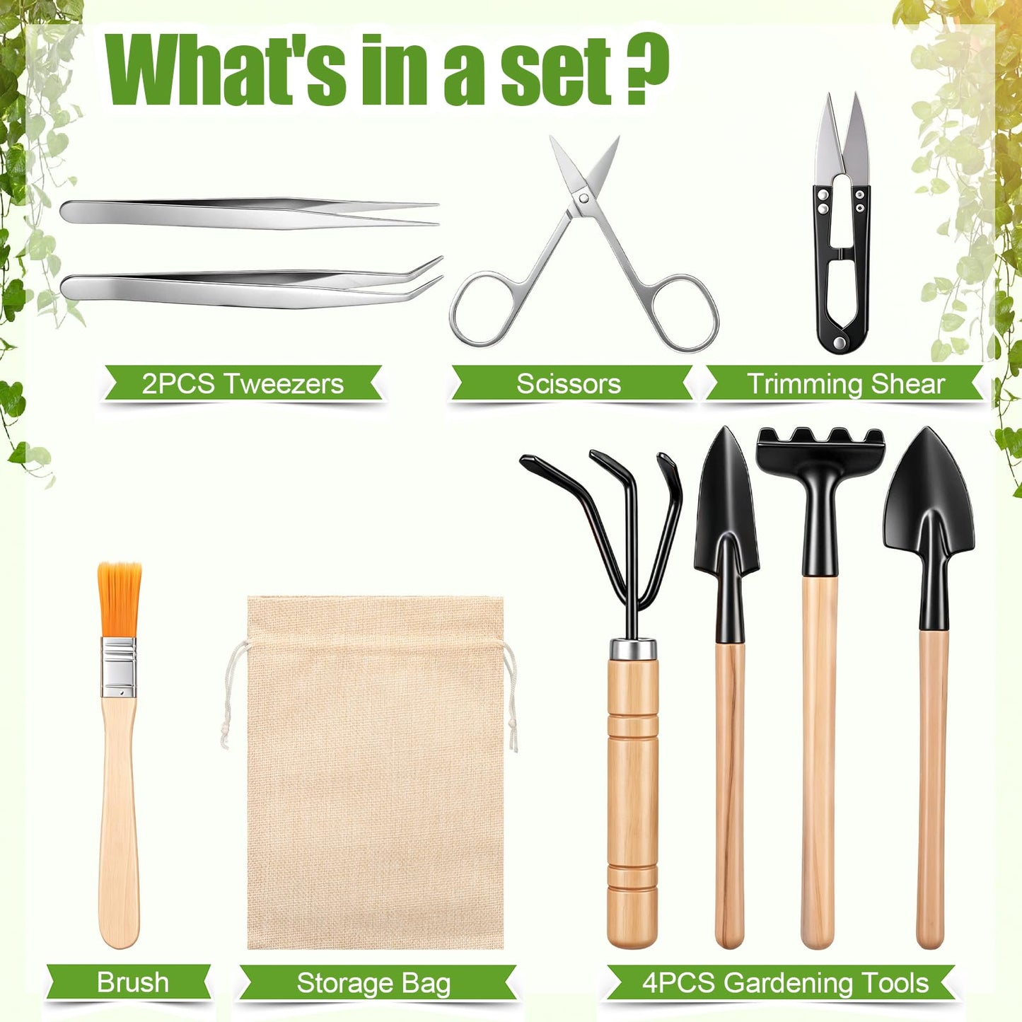 Lanties 8 Sets/ 80 Pcs Bonsai Tools Set Mini Garden Tool Kit with Pruning Shears U Shaped Scissors Mini Rake Tweezers Brush Storage Bags Complete for Bonsai Succulents Indoor Plants