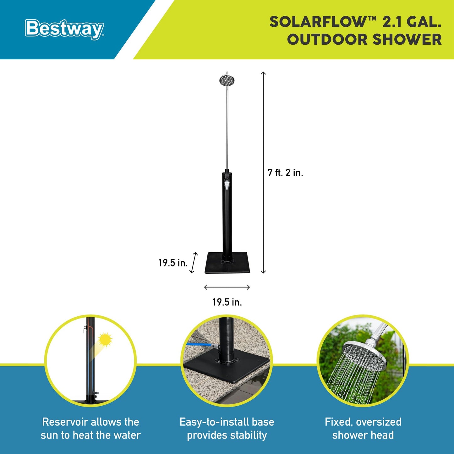Bestway SolarFlow 2.1 Gal Water Capacity Outdoor Solar Heat Shower with Fixed Oversized Shower Head, Easy Turn Off Control, and Quick Connector, Black