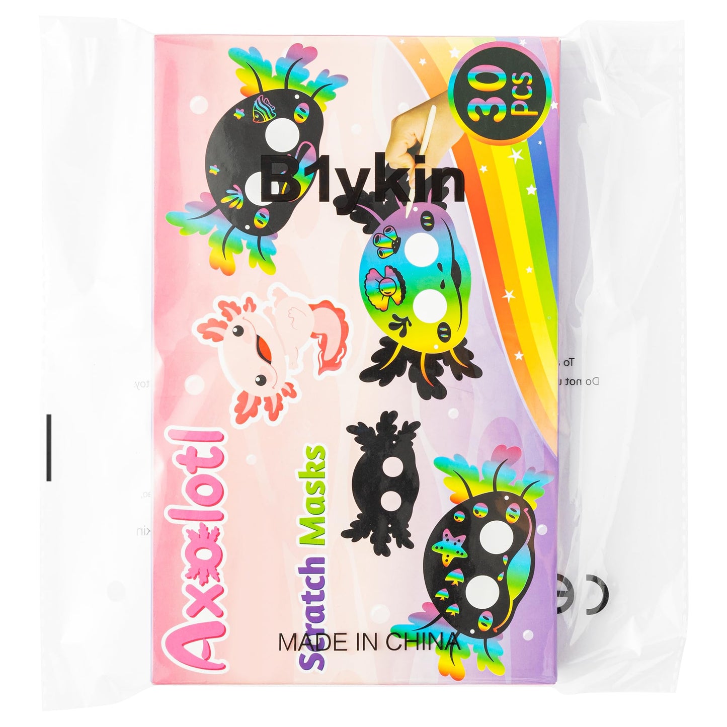 B1ykin 30Pcs Axolotl Scratch Mask Gift Set, DIY Magic Scratch Axolotl Masks Paper Art Craft Kit for Kids, Color Paper Party Favors for Girls Boys Birthday School Classroom Art Activity Project