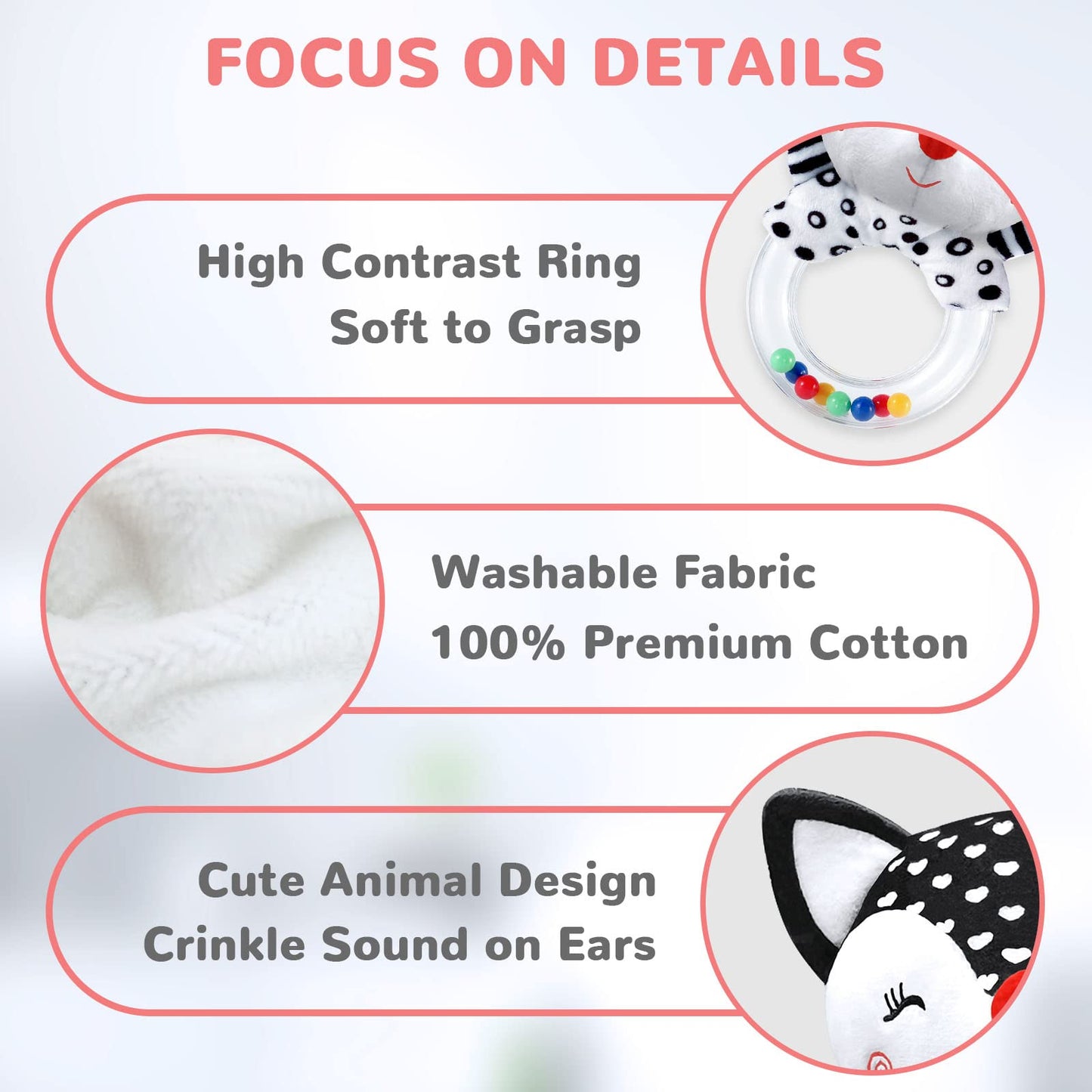 Baby Rattles & Toys - 0-3 Months, High Contrast Black & White Plush Stuffed Toys for Infants