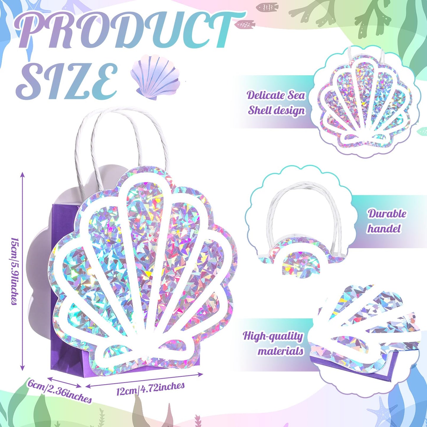 Locmeo 24 Pack Sea Shell Gift Bags Mermaid Goodie Bags Party Favor Iridescent with Handle for Under The Sea Party Summer Ocean Beach Birthday Wedding Shower Celebration Supply Decoration (Holographic)