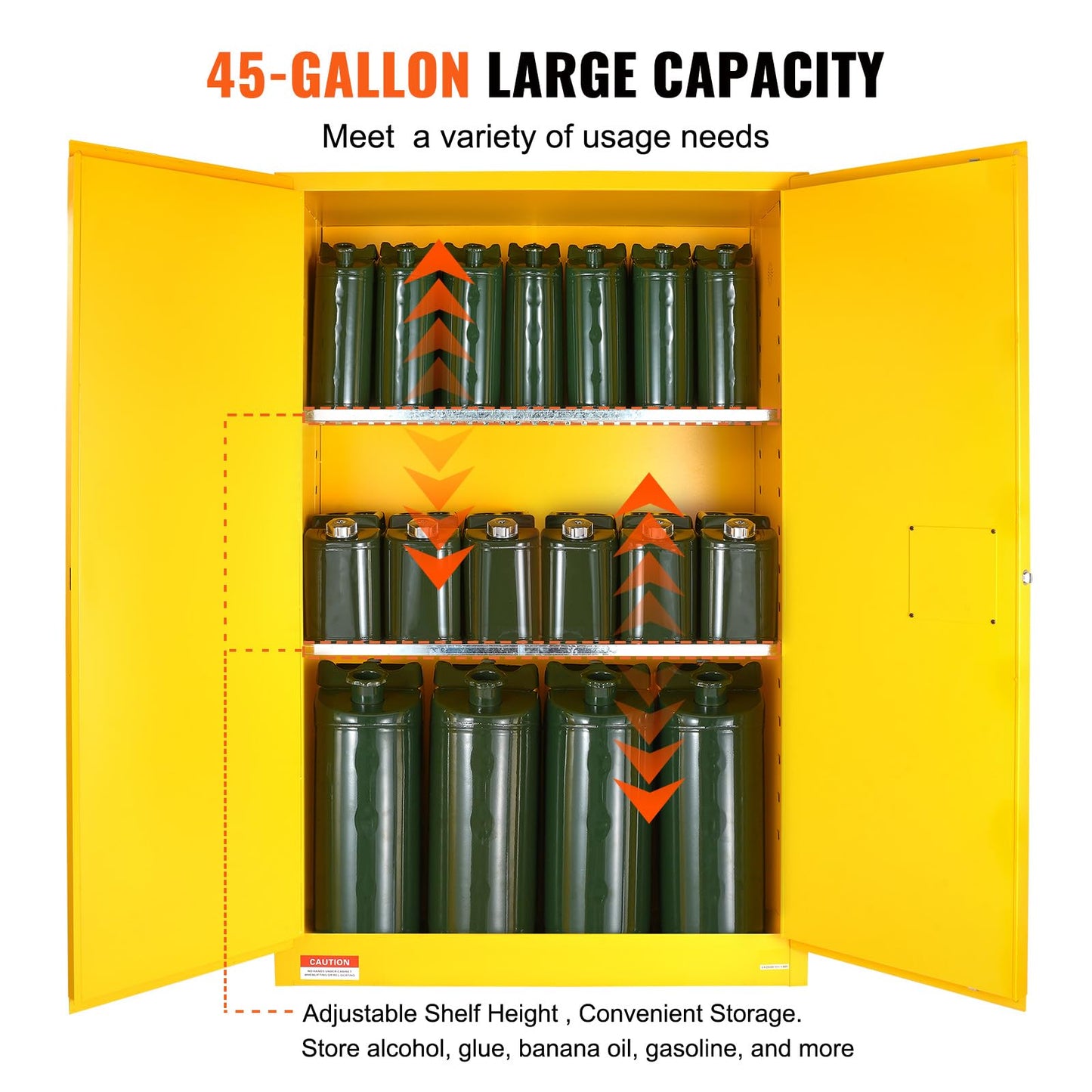 VEVOR Flammable Cabinet 18" x 43" x 65", Cold-Rolled Steel Flammable Liquid Storage Cabinet, 45 Gal in Explosion Proof with 2 Adjustable Shelves 2 Manual Doors for Industrial Use, Yellow