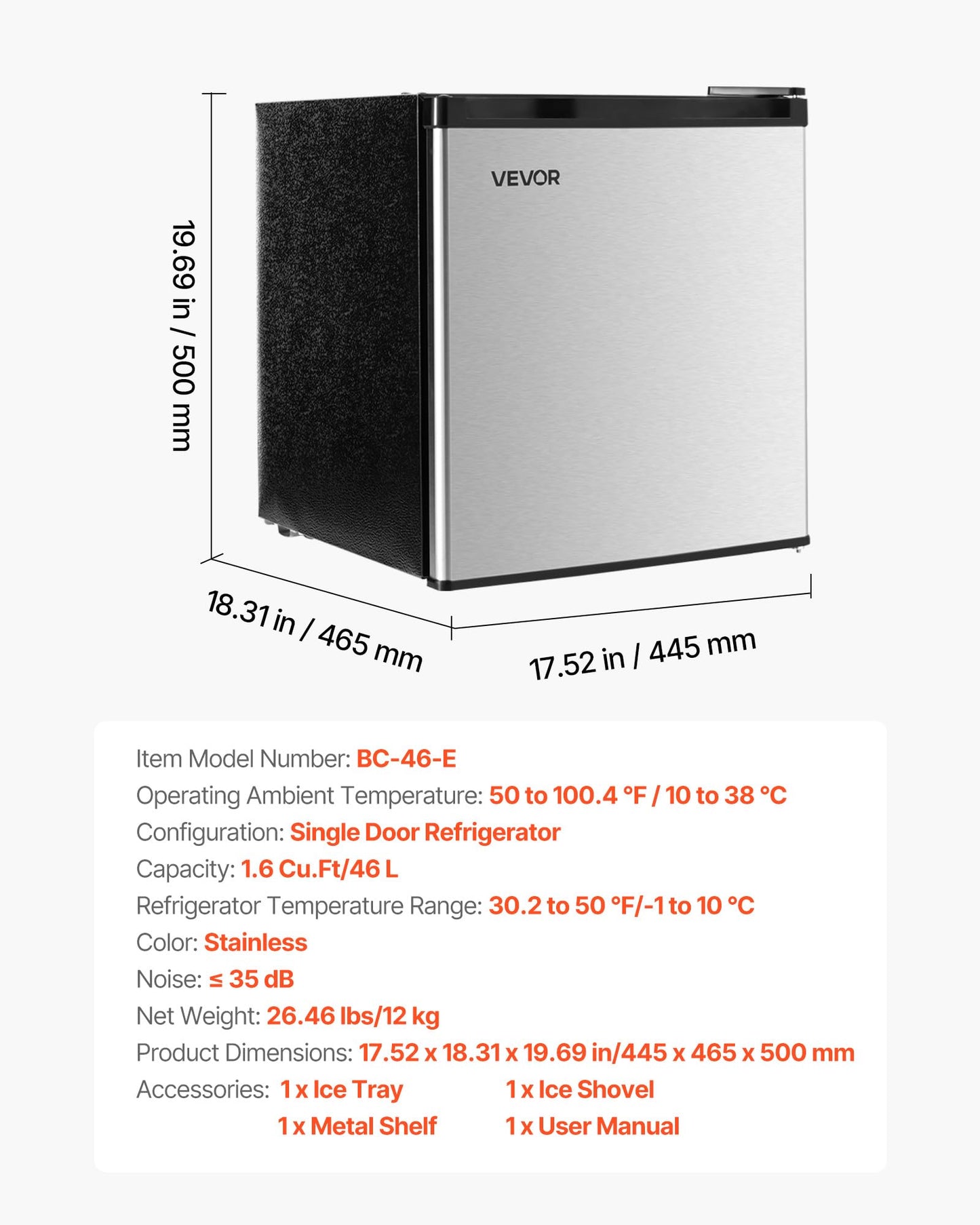 VEVOR Mini Fridge with Freezer, 1.6 Cu.Ft Compact Refrigerator, 7 Mode Adjustable Temperature, Energy Efficient Small Refrigerator, Reversible Door, Low Noise, for Bedroom, Office, Brushed Stainless