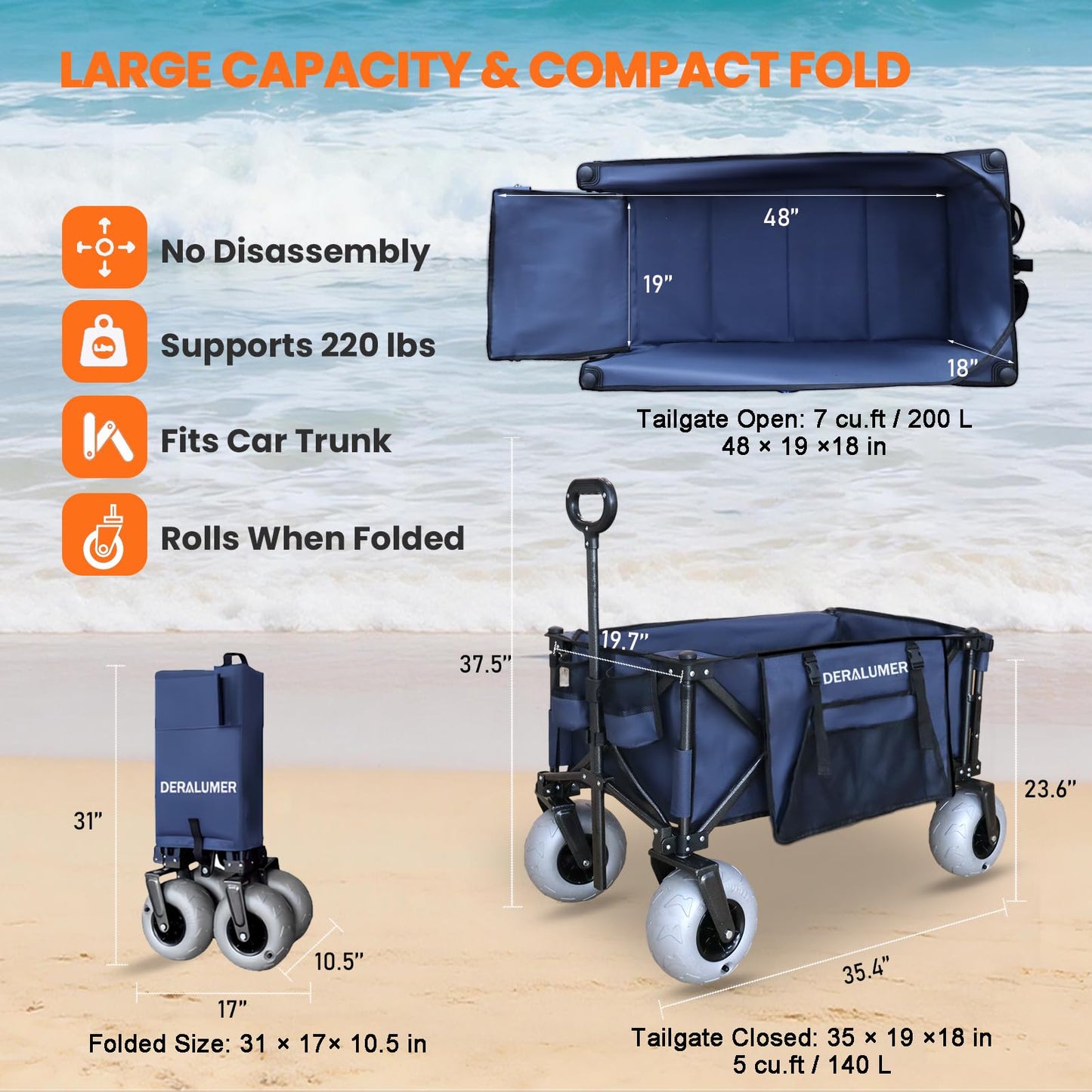 Deralumer X900 Beach Wagon with 9×4" Big Balloon Wheels for Sand, 48" Heavy Duty Folding Wagon with Expandable Tailgate & Side Bag, Collapsible Utility Cart for Beach, Camping, Fishing (Navy Blue)