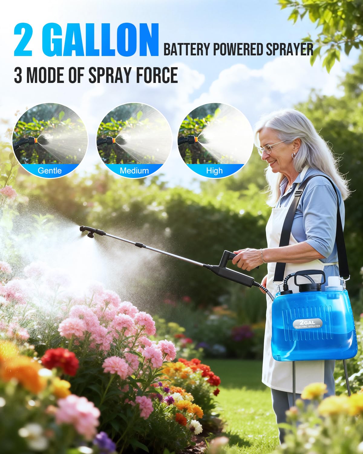 Sylsmart Battery Powered Sprayer 2 Gallon, Electric Weed Sprayer with 3 Adjustable Pressure Levels, 4 Nozzles & Extendable Wand, Rechargeable Garden Sprayer for Yard, Lawn, Plants & Fertilizer