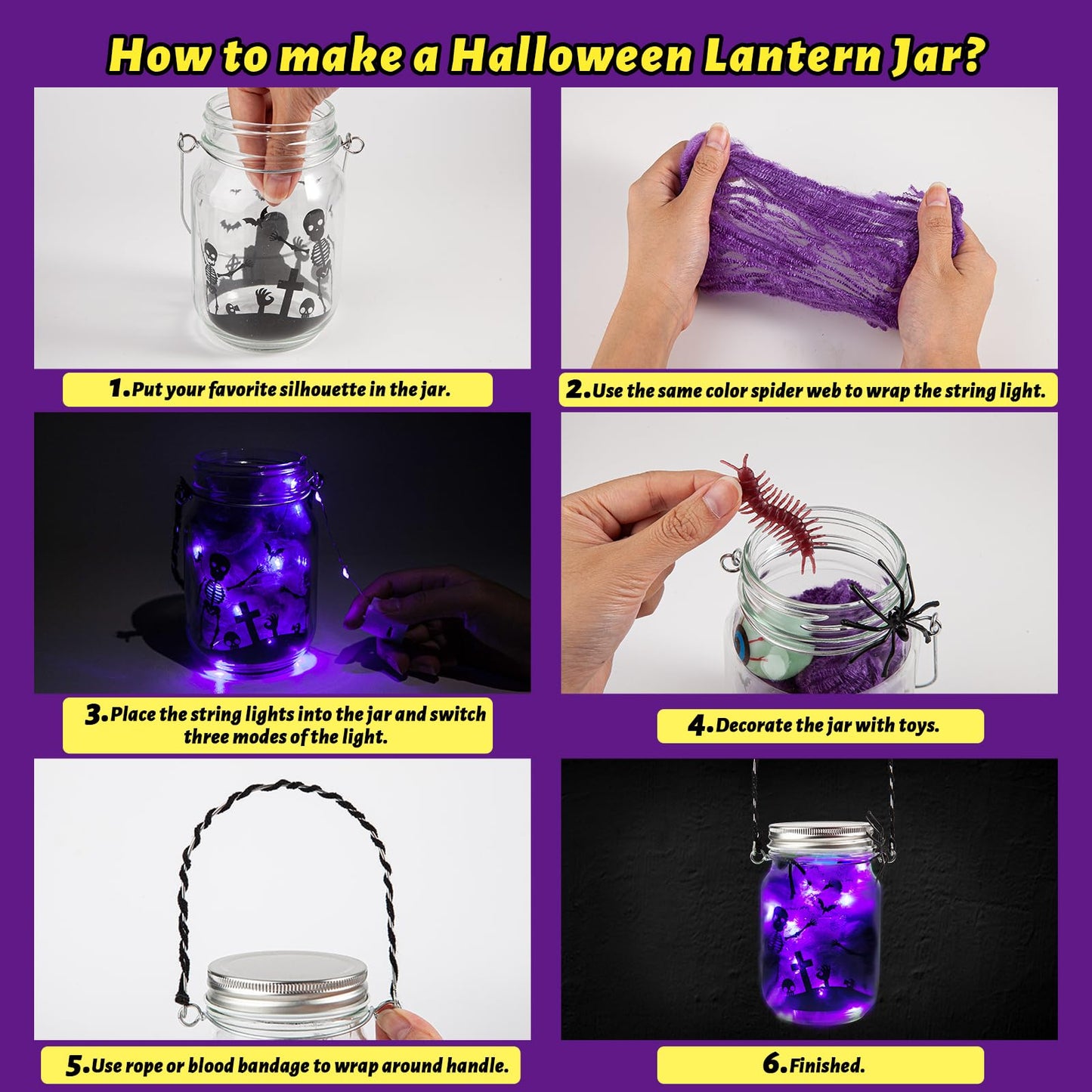 Halloween Craft Kit for Kids, 4 pcs Glass Mason Jar with Accessories for DIY Lantern Jar, Halloween Art & Craft Party Supplies for Classroom,Art and Craft Party Supplies for Kids