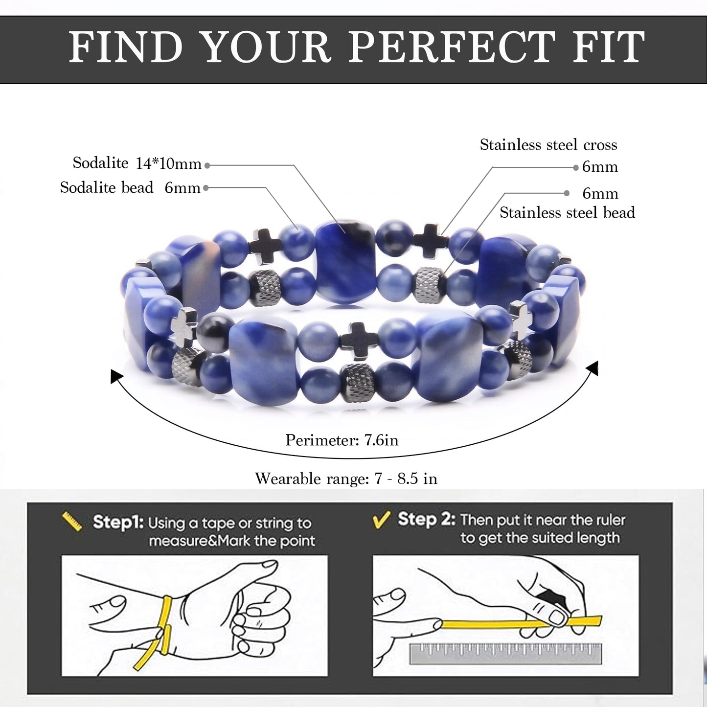 Christian Gifts for Men, Jesus Cross Bracelet for Men Handmade Double Elastic Beaded Bracelets Natural Crystal Gemstone Religious Jewelry for Boyfriend Husband Birthday Anniversary (Sodalite)