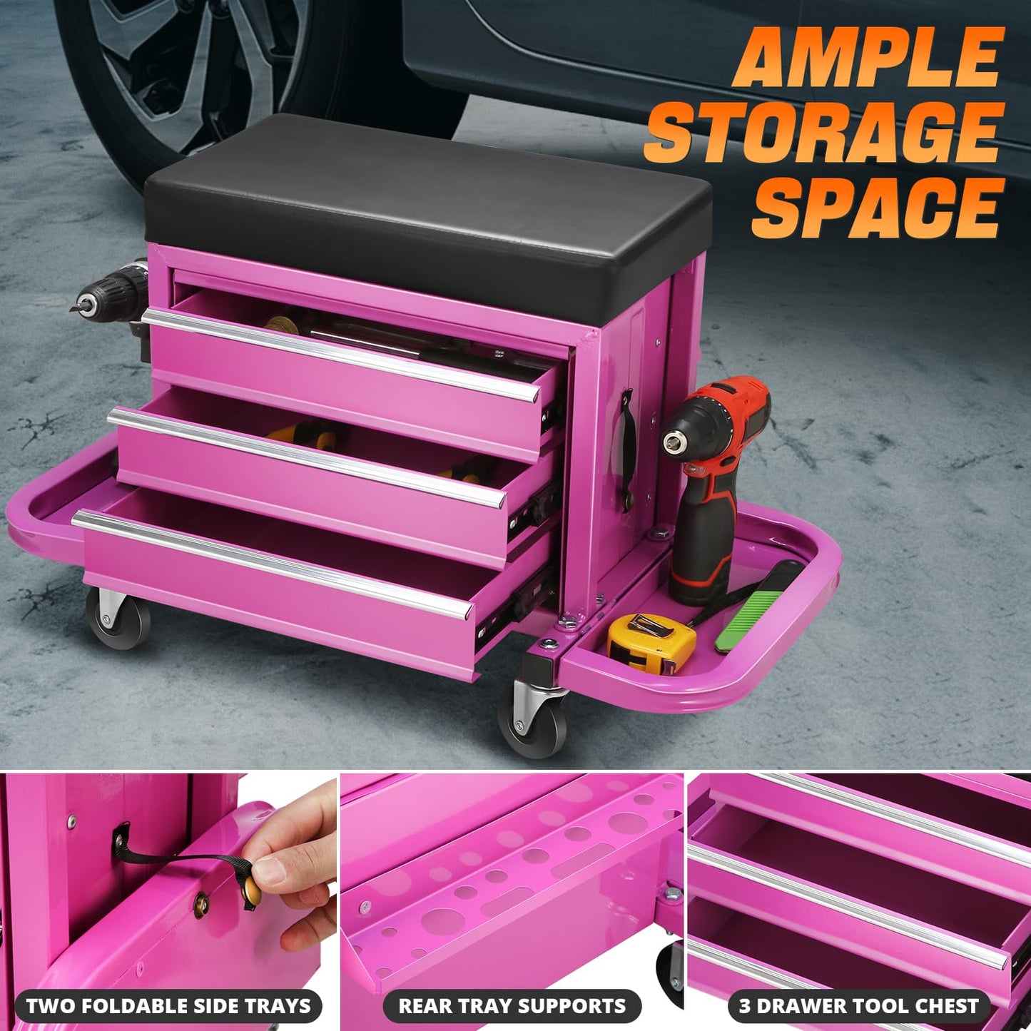 DNA MOTORING 3-Drawer Tool Chest Rolling Mechanic Seat with Tool Trays,350lbs Max Weight Capacity, Purple, TOOLS-00261-PR