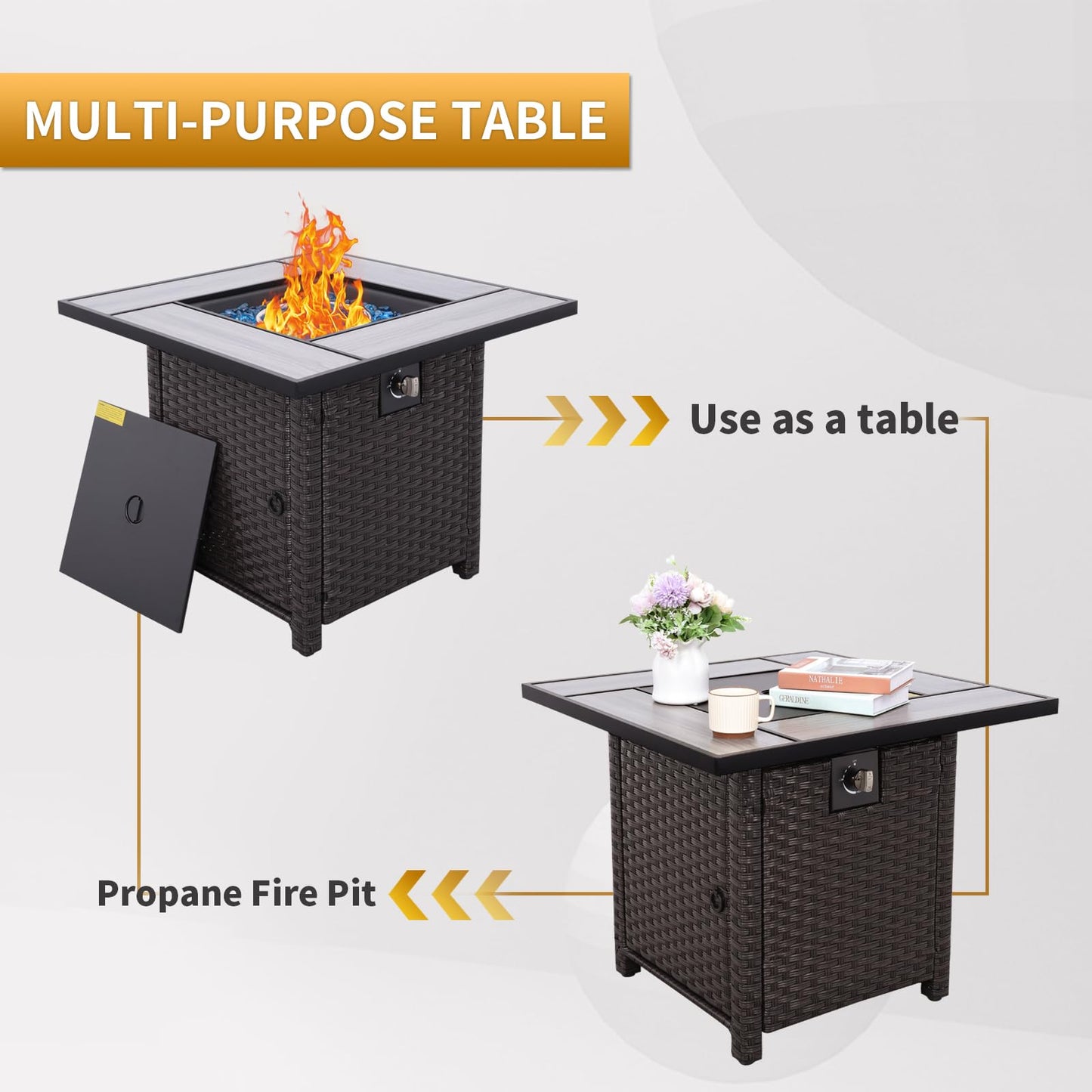 Outdoor Propane Fire Pit, 30 Inch PE Wicker Patio Firepit Table with Fire Glass for Outside Parties and Gatherings on Garden Backyard Porch