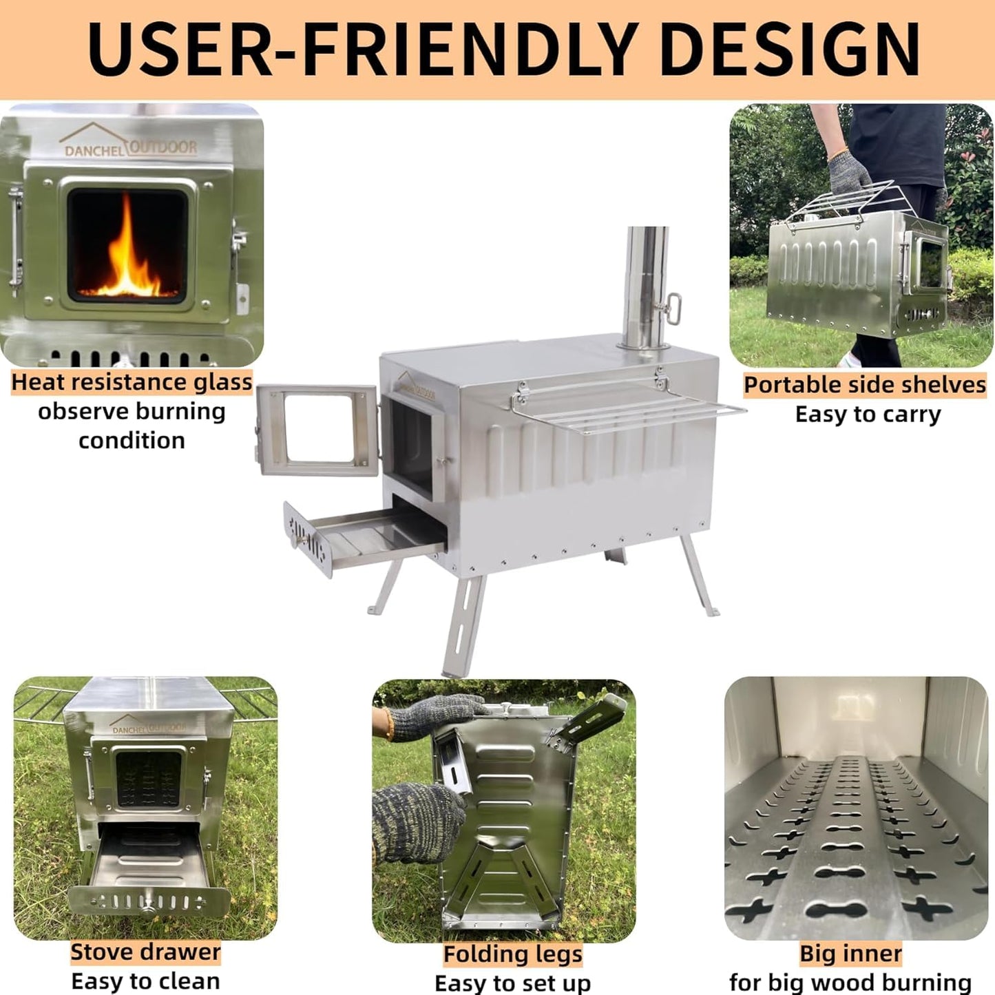 DANCHEL OUTDOOR B6 4 Season Glamping Wall Tent w/Large Wood Stove Camping, No Center Pole, Higher Side Wall, 900D Flame Retardant Oxford for 4 Person Yurt Cabin Tent,13ft/4m