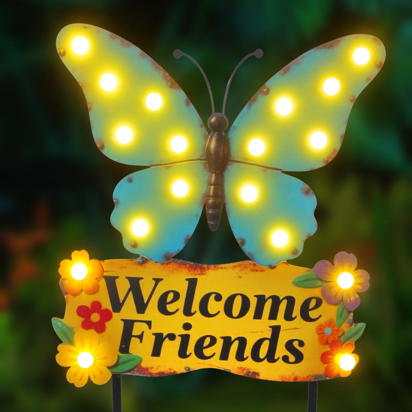 YHSOLAR Decorative Garden Stakes Large 45" with 18 Bulbs Solar String Lights Outdoor Waterproof, Butterfly Solar Lights for Outside with Welcome Friends Garden Sign for Yard, Patio, Pathway