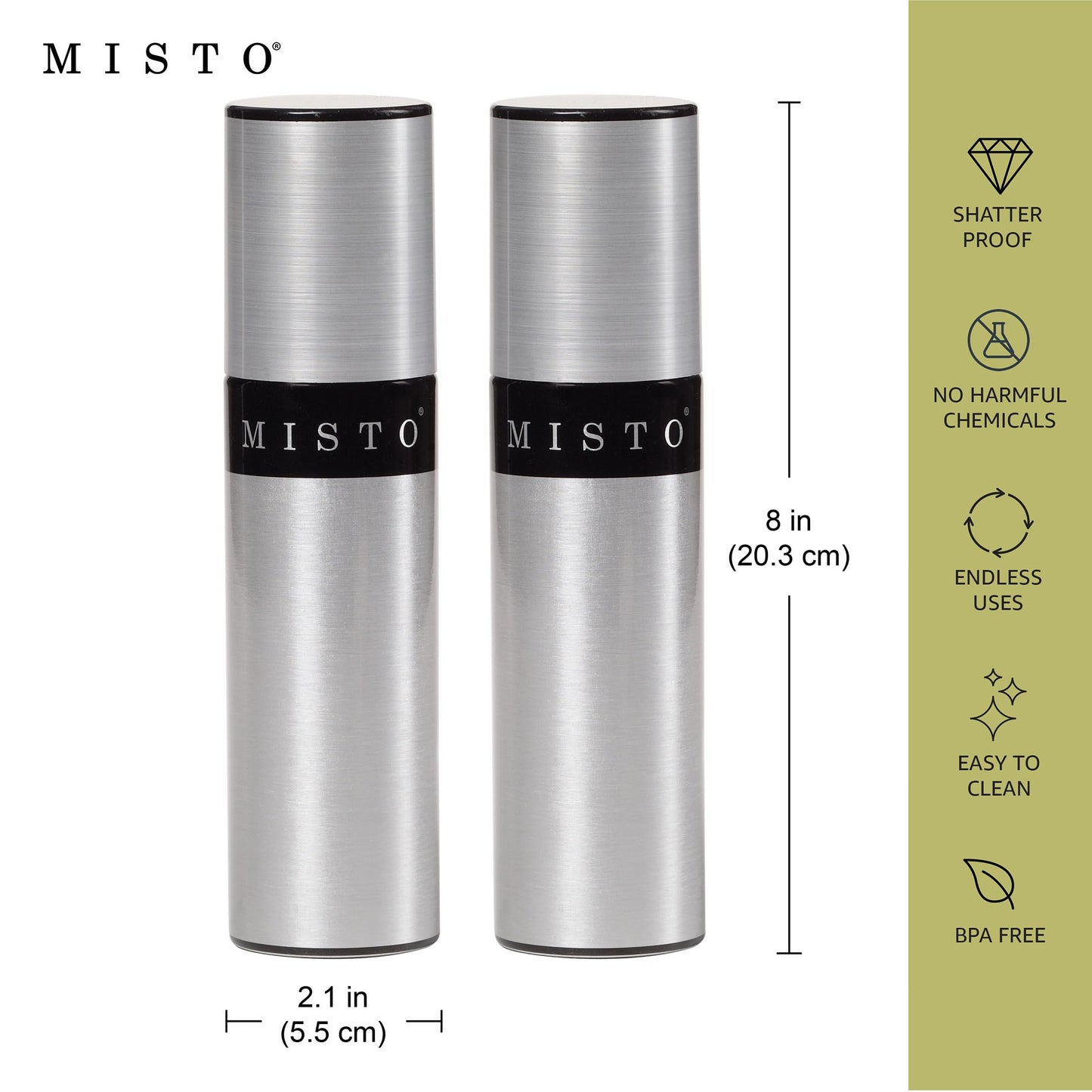 Misto Aluminum Oil Sprayer, Set of 2, Versatile Refillable Aerosol Sprayers for Olive Oil, Vinegar, Lemon Juice, Dressings, and More, Ideal for Cooking, BBQ, and Air Fryers