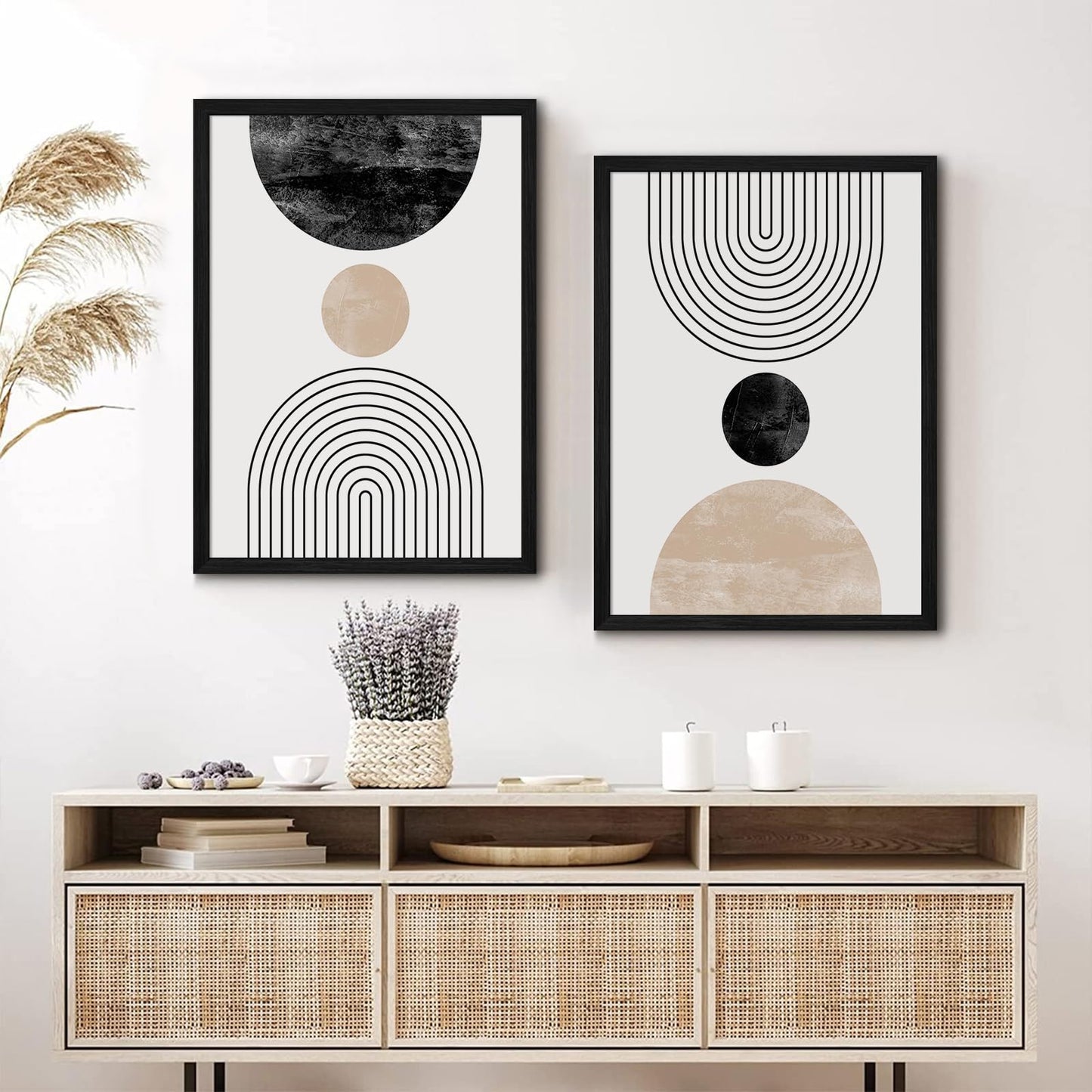 Mid Century Modern Wall Art Prints Set of 2 Neutral Abstract Geometric Wall Art Boho Canvas Prints Mid Century Eoind Wall Decor Modern Abstract Pictures Artwork for Home Room 12x16 Inch Black Framed