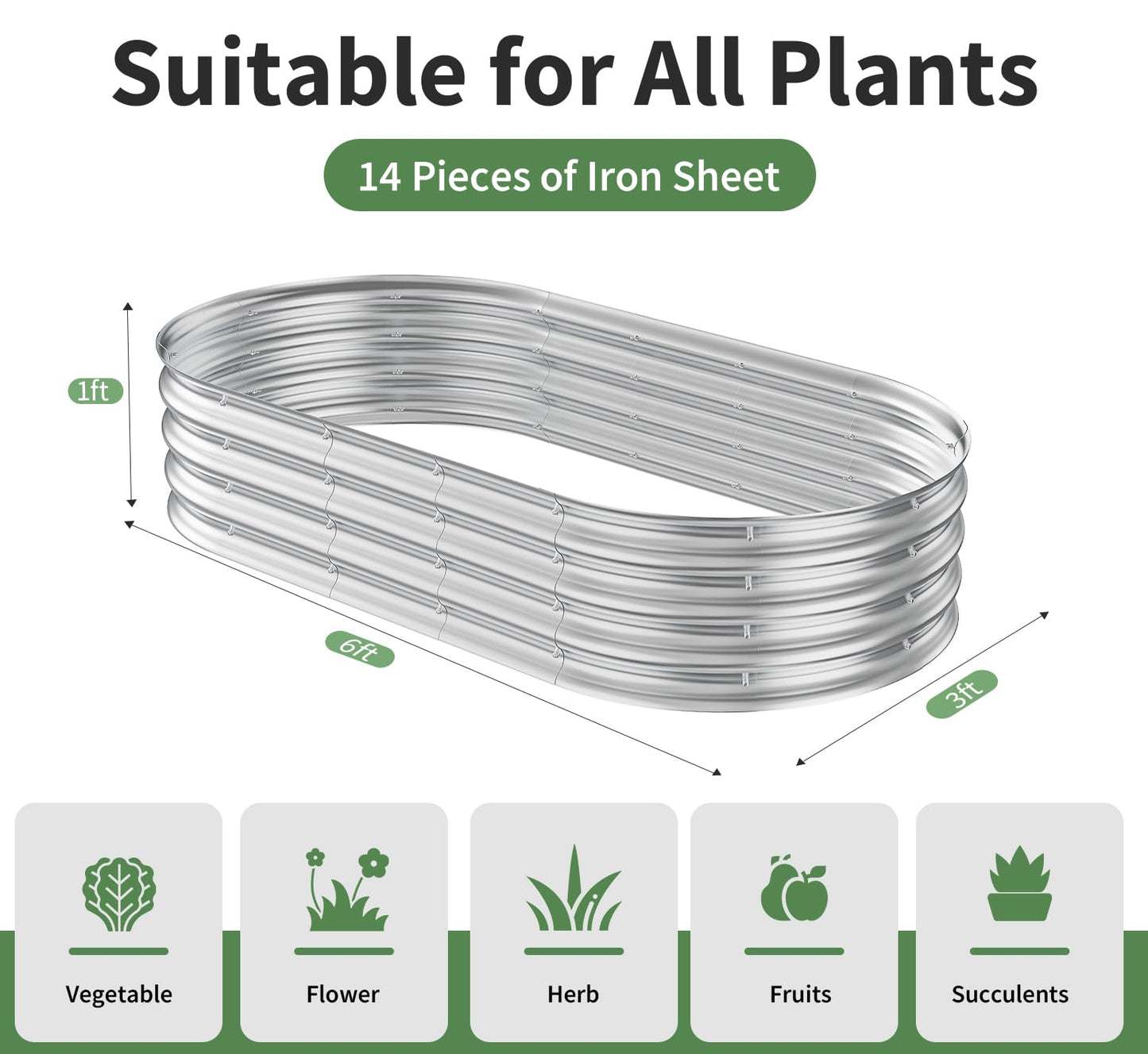 Homtura Metal Oval Raised Garden Beds(Silver), 6 × 3 × 1ft Galvanized Raised Garden Bed Kit Outdoor with Safety Edging, Large Raised Planter Boxes for Gardening, Vegetables and Flowers