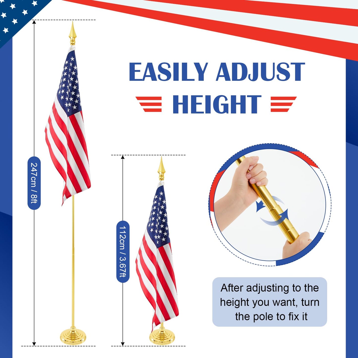 Moxweyeni Indoor Flag Pole Kit Telescoping 8 ft Flag Pole with Base Heavy Duty Aluminum Gold Flagpole and Stand for Office School City Hall, No Ensign Included