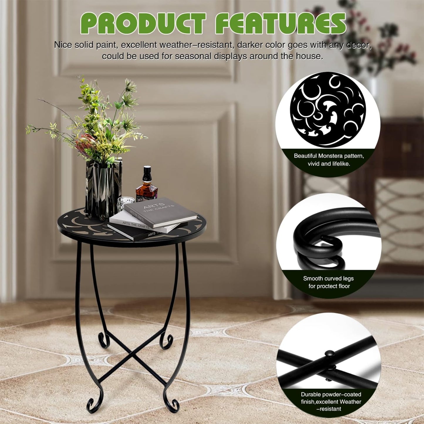 Kaesithar 2 Pack 15 Inch Tall Plant Stands Outdoor Indoor, Metal Side Tables for Patio, Weather Resistant Flower Pot Racks with Swirl Pattern, Black End Table Set for Garden Balcony