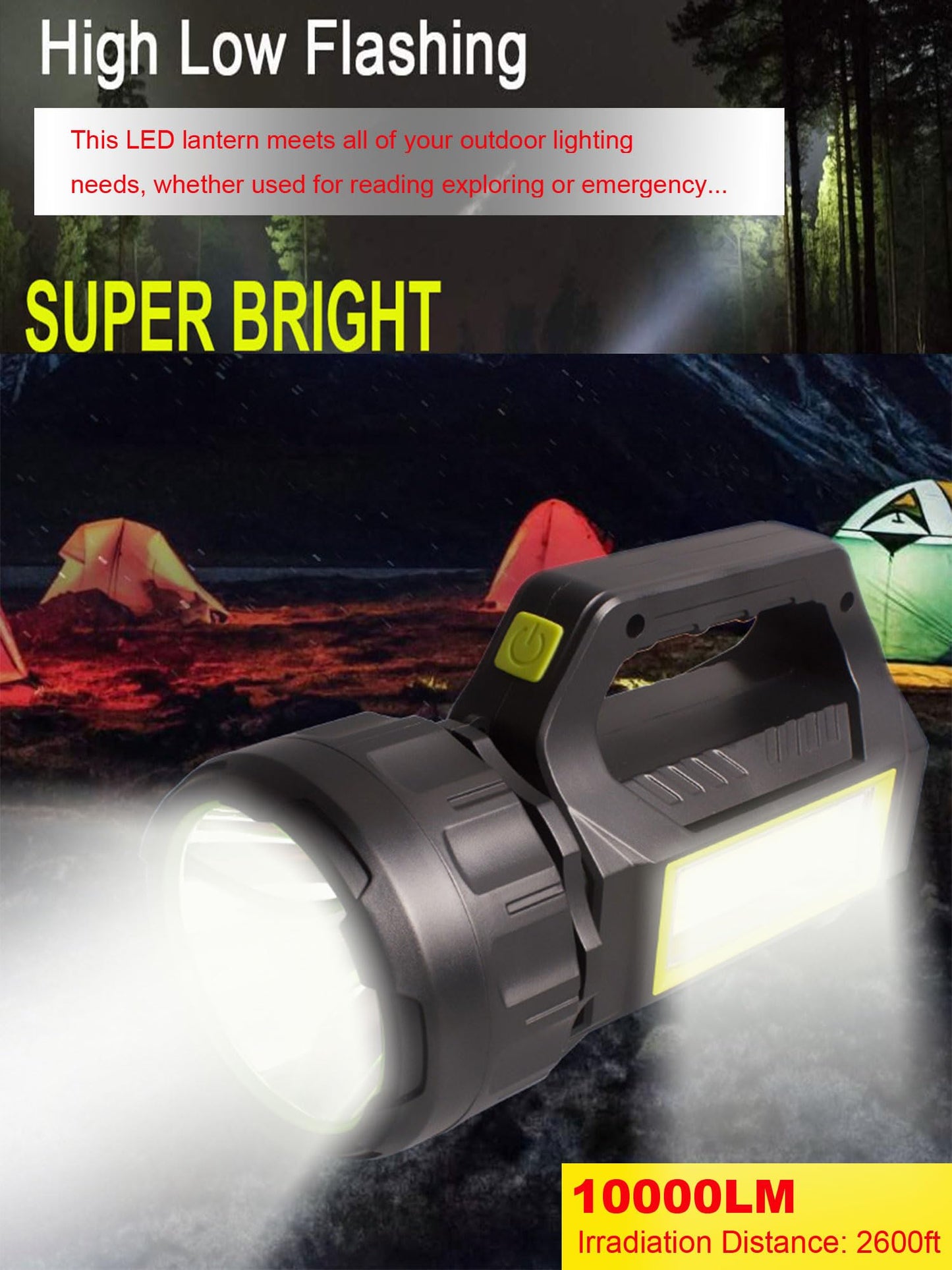 HAASHADA LED Searchlight LED Lantern, Solar Rechargeable Super Bright 10000LM Handheld LEDs Spotlight, Multifunctional Camping Lamp Work Lights, 7 Light Modes, IPX4 Waterproof, for Emergency