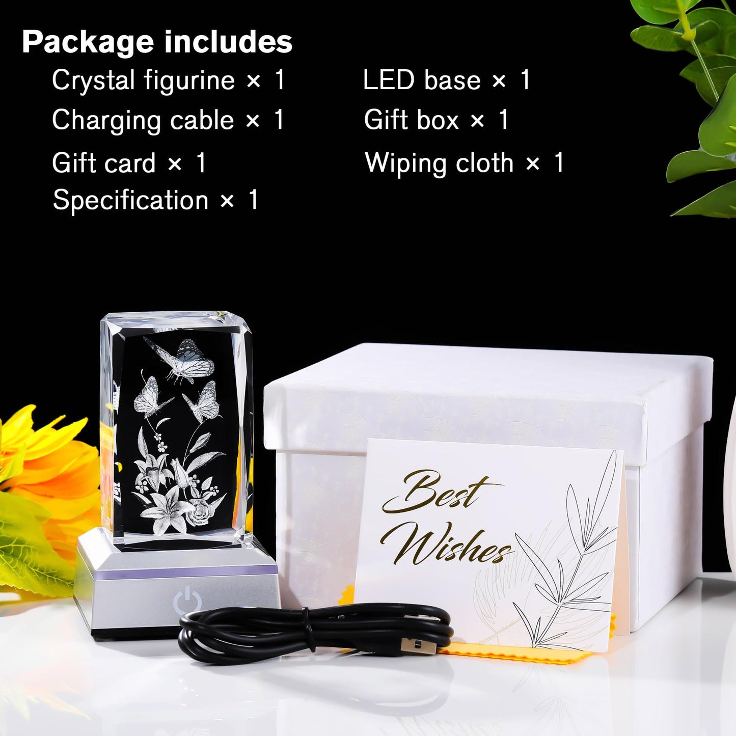 YWHL 3D Crystal Butterfly Gifts for Women, Laser Engraved Butterfly and Lily Flower Figurines with Light Base for Butterfly Lovers Nature Lovers, Gifts for Birthday Christmas