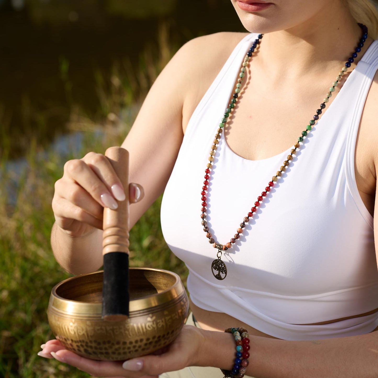 Bivei 7 Chakra 108 Mala Beads Bracelet Real Gemstone Yoga Meditation Hand Knotted Mala Prayer Bead Necklace(Lotus OM-6mm beads)