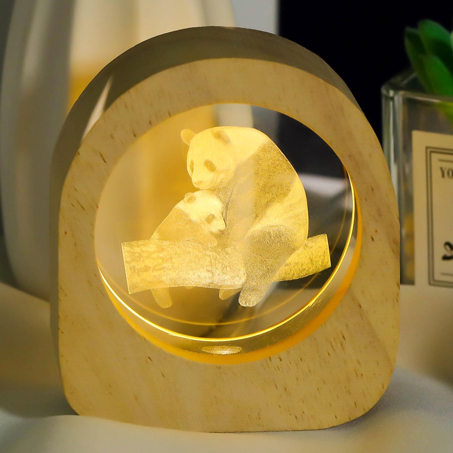 Crystal Panda Gifts for Women Wood Night Light for Home Decor, 3D Engraved Pandas Lamp Collectible Figurines Gifts for Mom Friends Panda Lovers