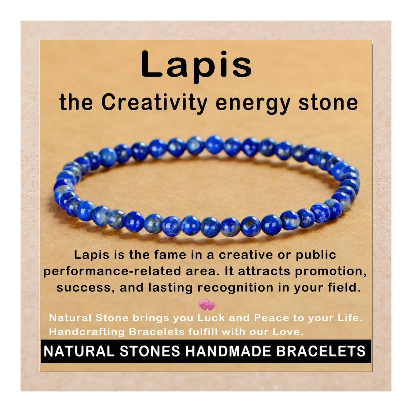 AD Beads Handmade Gemstone Stretch Elastic Bracelet Crystal Healing Reiki Nature's Beauty and Spiritual Essence Unisex (4mm, Lapis Lazuli)